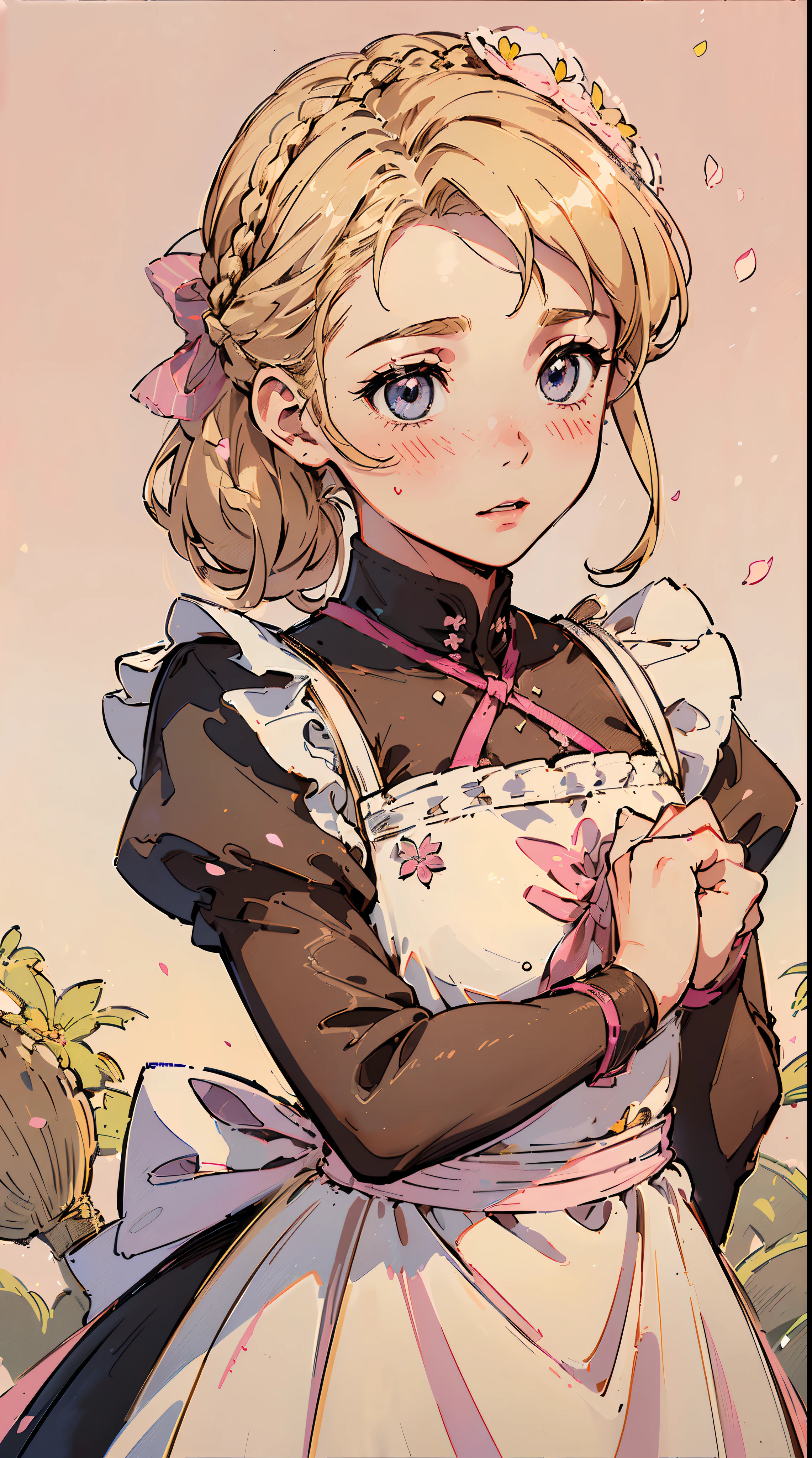 (((((((Blushing,cute cheeks,blonde hair，large maid apron with flower))))))，((1girl,Solo,Amazing,Cute Korean mixed-race girl，rosto magro,))(Masterpiece,Best quality, offcial art, Beautiful and aesthetic:1.2),((HD,Golden ratio,)) (16k),((sakura petals,snow pieces)),(Physically-based rendering),((((on a desert,sandstorm,)))) (((highdetailskin,)))，((hair crown)),((((detailed hairs|middle hair|french braid|knot top|soaked hair|side ponytail|ahoge)))),Slender,thicc,(masterpiece sidelighting),(The sheen),(Beautiful hair,Beautiful eyes,）[[Delicate fingers and hands:0.55]::0.85],(Detail fingers),(((Superior quality,)))),((unbelievable Ridiculous quality,)),((extremely_Detailed_Eyes_and_face)),Movie girl,(Dynamic configuration: 1.2),Brilliant, (Photorealistic), ((pink ribbon on hair)),Ultra-precise depiction, Ultra-detailed depiction