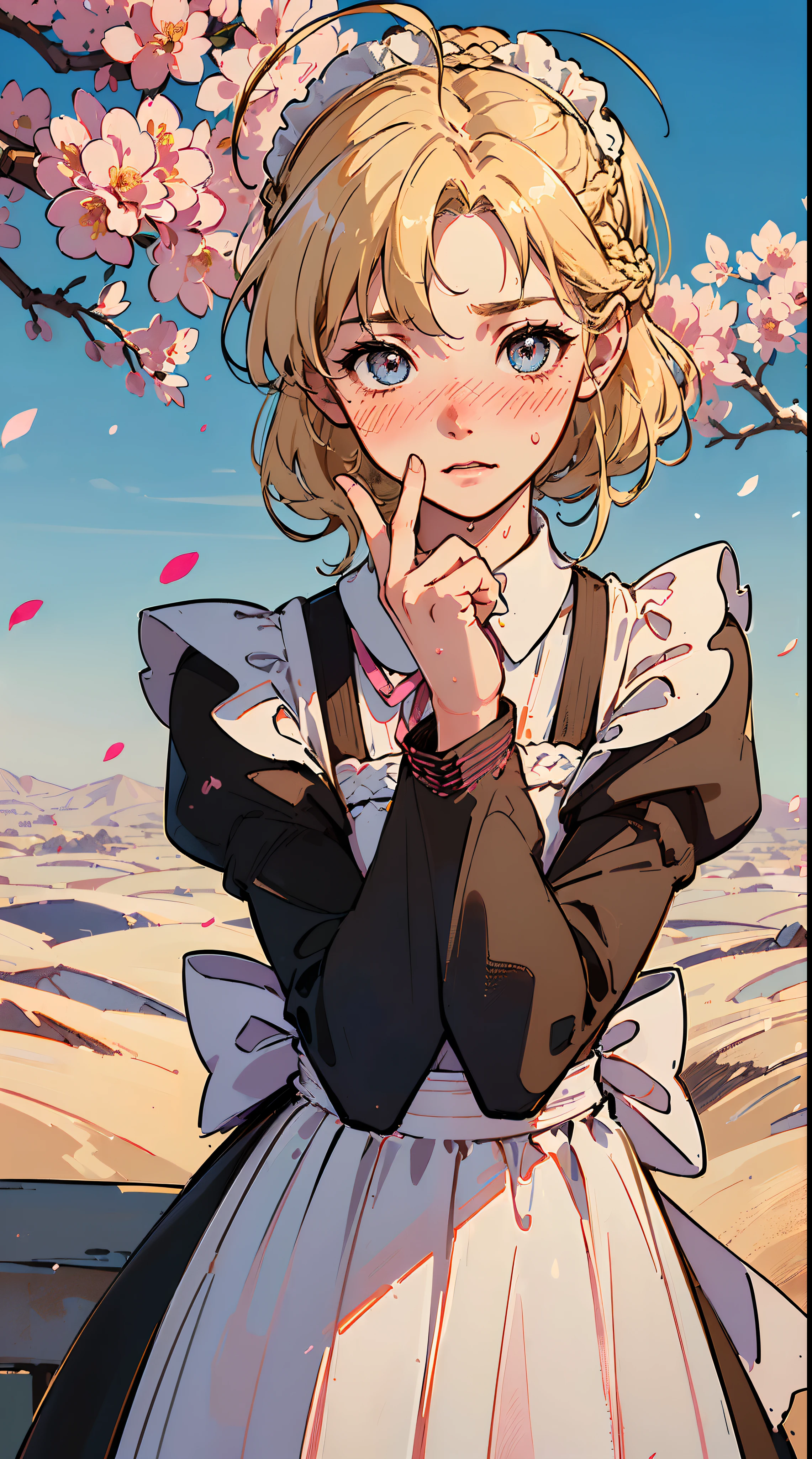 (((((((Blushing,cute cheeks,blonde hair，large maid apron with flower))))))，((1girl,Solo,Amazing,Cute Korean mixed-race girl，rosto magro,))(Masterpiece,Best quality, offcial art, Beautiful and aesthetic:1.2),((HD,Golden ratio,)) (16k),((sakura petals,snow pieces)),(Physically-based rendering),((((on a desert,sandstorm,)))) (((highdetailskin,)))，((hair crown)),((((detailed hairs|middle hair|french braid|knot top|soaked hair|side ponytail|ahoge)))),Slender,thicc,(masterpiece sidelighting),(The sheen),(Beautiful hair,Beautiful eyes,）[[Delicate fingers and hands:0.55]::0.85],(Detail fingers),(((Superior quality,)))),((unbelievable Ridiculous quality,)),((extremely_Detailed_Eyes_and_face)),Movie girl,(Dynamic configuration: 1.2),Brilliant, (Photorealistic), ((pink ribbon on hair)),Ultra-precise depiction, Ultra-detailed depiction