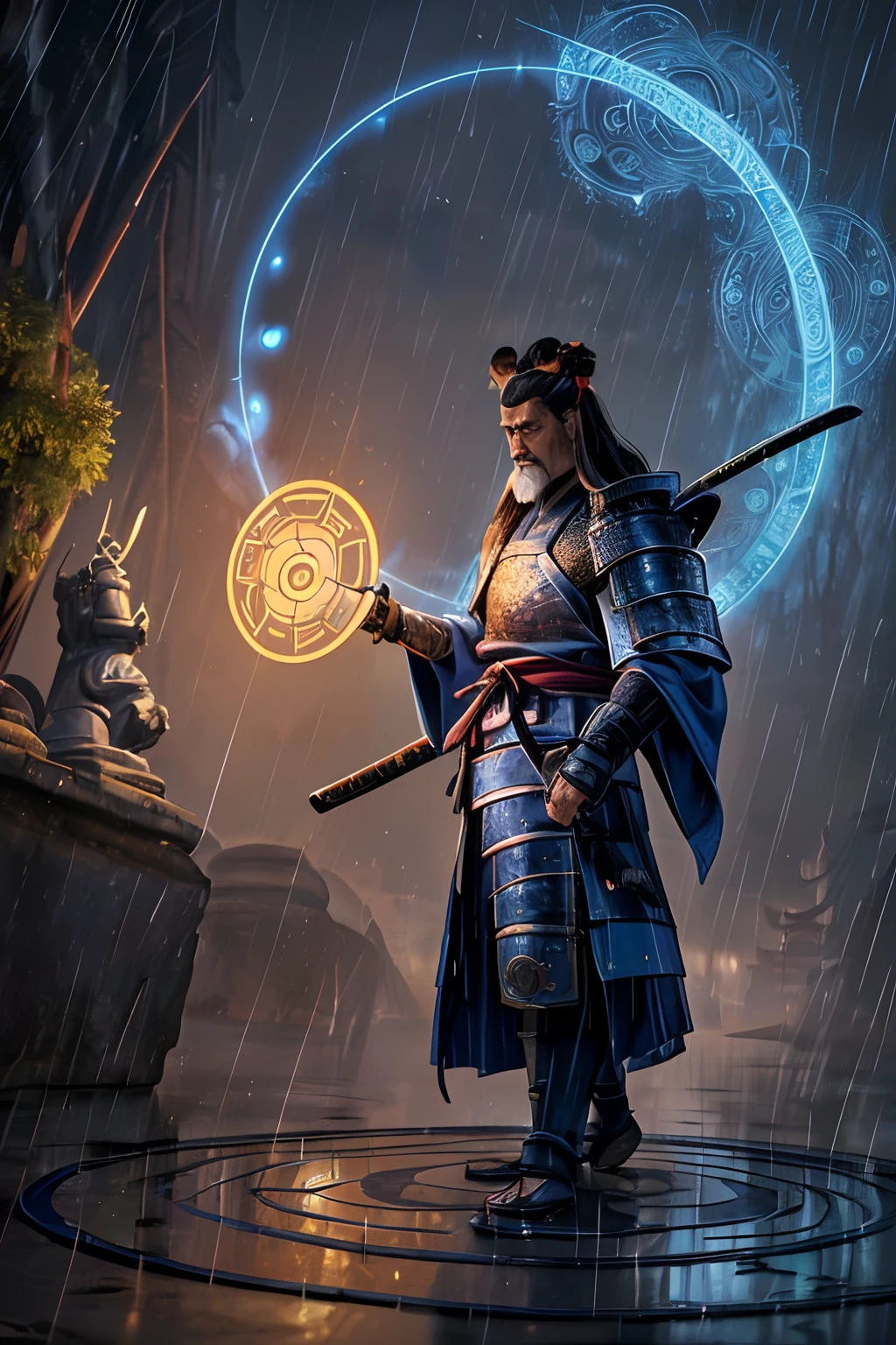 cartoon samurai: ((old,tall, long sliver hair, blue kimono:1.1,excellent, ancient china wizard:1.05,stoic,calm,wanders in the rain,magic circle,samurai armor)magic circle,magic portal)
