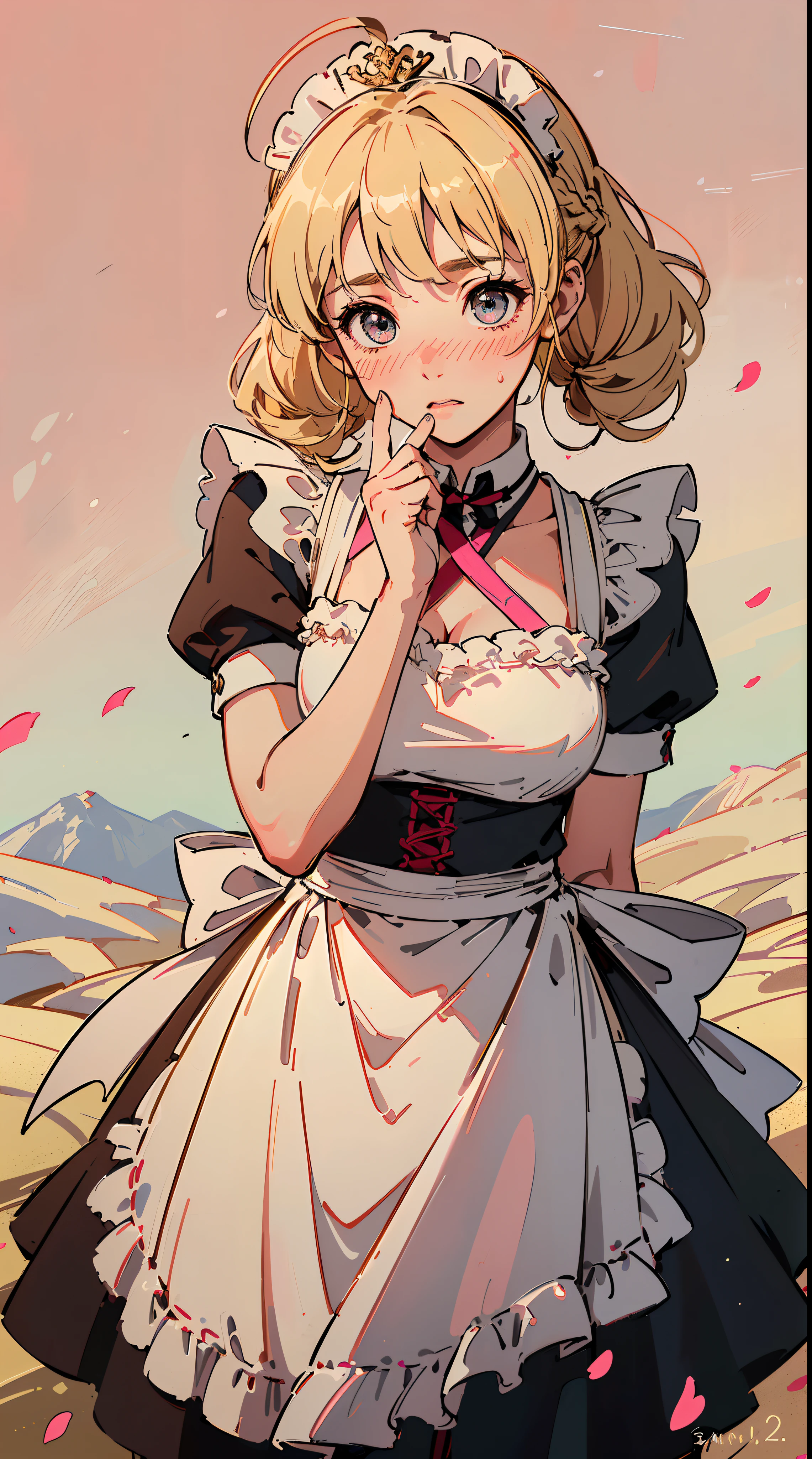 (((((((Blushing,cute cheeks,blonde hair，large maid apron with flower))))))，((1girl,Solo,Amazing,Cute Korean mixed-race girl，rosto magro,))(Masterpiece,Best quality, offcial art, Beautiful and aesthetic:1.2),((HD,Golden ratio,)) (16k),((sakura petals,snow pieces)),(Physically-based rendering),((((on a desert,sandstorm,)))) (((highdetailskin,)))，((hair crown)),((((detailed hairs|middle hair|french braid|knot top|soaked hair|twintail|ahoge)))),Slender,thicc,(masterpiece sidelighting),(The sheen),(Beautiful hair,Beautiful eyes,）[[Delicate fingers and hands:0.55]::0.85],(Detail fingers),(((Superior quality,)))),((unbelievable Ridiculous quality,)),((extremely_Detailed_Eyes_and_face)),Movie girl,(Dynamic configuration: 1.2),Brilliant, (Photorealistic), ((pink ribbon on hair)),Ultra-precise depiction, Ultra-detailed depiction