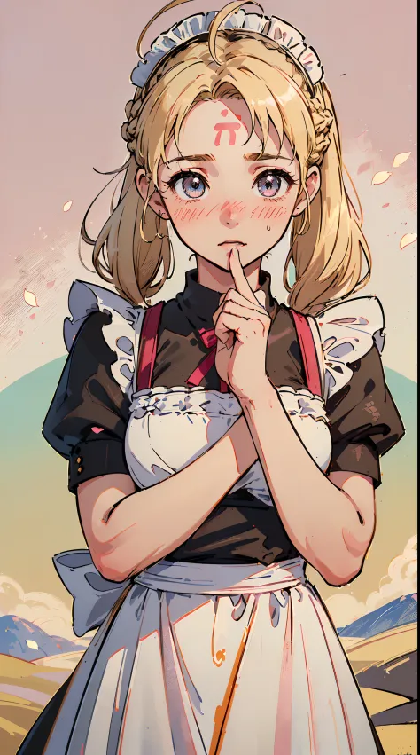 (((((((Blushing,cute cheeks,blonde hair，large maid apron with flower))))))，((1girl,Solo,Amazing,Cute Korean mixed-race girl，rosto magro,))(Masterpiece,Best quality, offcial art, Beautiful and aesthetic:1.2),((HD,Golden ratio,)) (16k),((sakura petals,snow p...