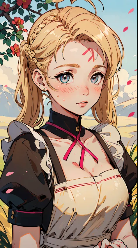 (((((((Blushing,cute cheeks,blonde hair，large maid apron with flower))))))，((1girl,Solo,Amazing,Cute Korean mixed-race girl，rosto magro,))(Masterpiece,Best quality, offcial art, Beautiful and aesthetic:1.2),((HD,Golden ratio,)) (16k),((sakura petals,snow p...