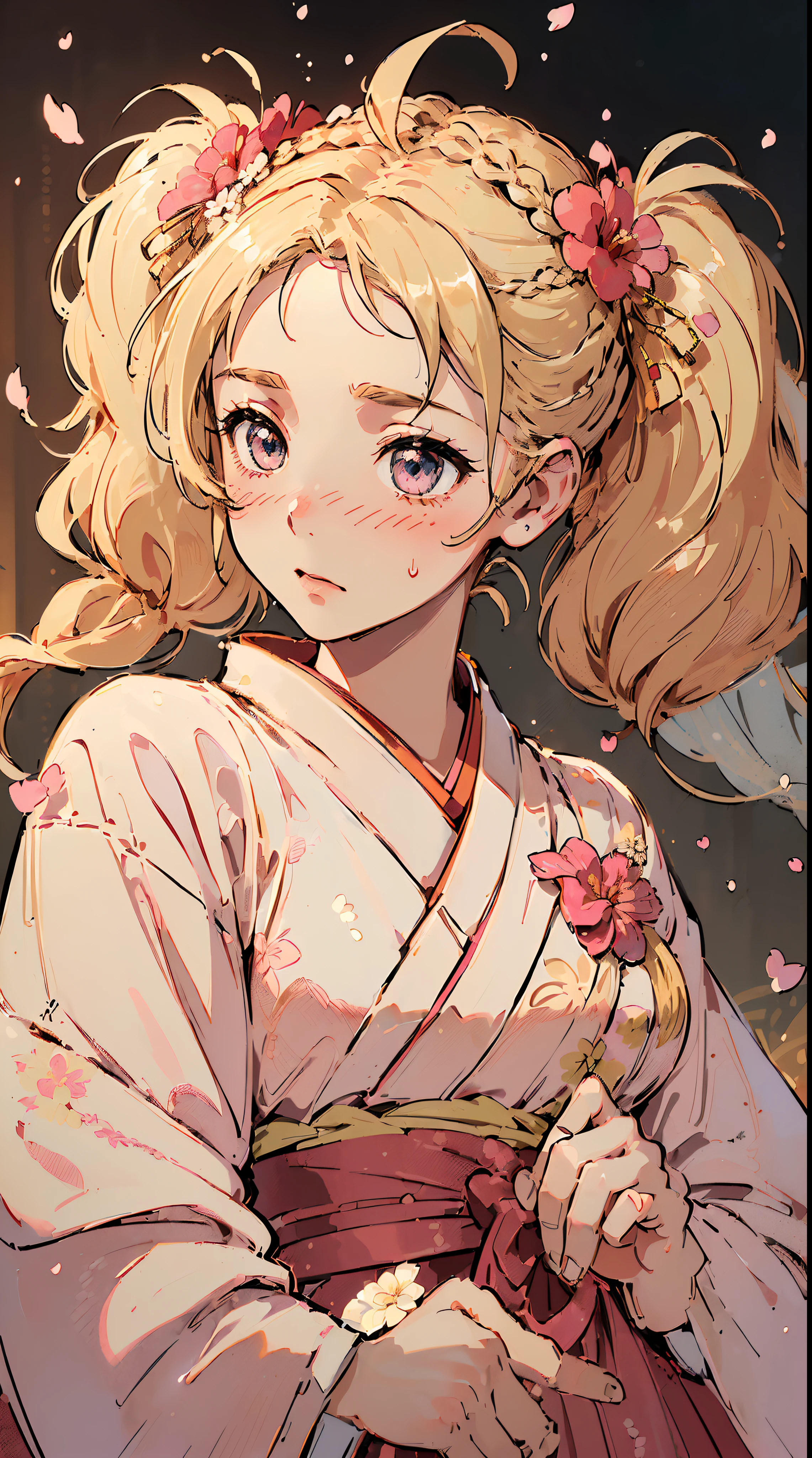 (((((((Blushing,cute cheeks,blonde hair，large wedding kimono with flower))))))，((1girl,Solo,Amazing,Cute Korean mixed-race girl，rosto magro,))(Masterpiece,Best quality, offcial art, Beautiful and aesthetic:1.2),((HD,Golden ratio,)) (16k),((sakura petals,snow pieces)),(Physically-based rendering),((((on a desert,sandstorm,)))) (((highdetailskin,)))，((Hibiscus face)),((((detailed hairs|middle hair|french braid|forehead|soaked hair|twintail|ahoge)))),Slender,thicc,(masterpiece sidelighting),(The sheen),(Beautiful hair,Beautiful eyes,）[[Delicate fingers and hands:0.55]::0.85],(Detail fingers),(((Superior quality,)))),((unbelievable Ridiculous quality,)),((extremely_Detailed_Eyes_and_face)),Movie girl,(Dynamic configuration: 1.2),Brilliant, (Photorealistic), ((pink ribbon on hair)),Ultra-precise depiction, Ultra-detailed depiction