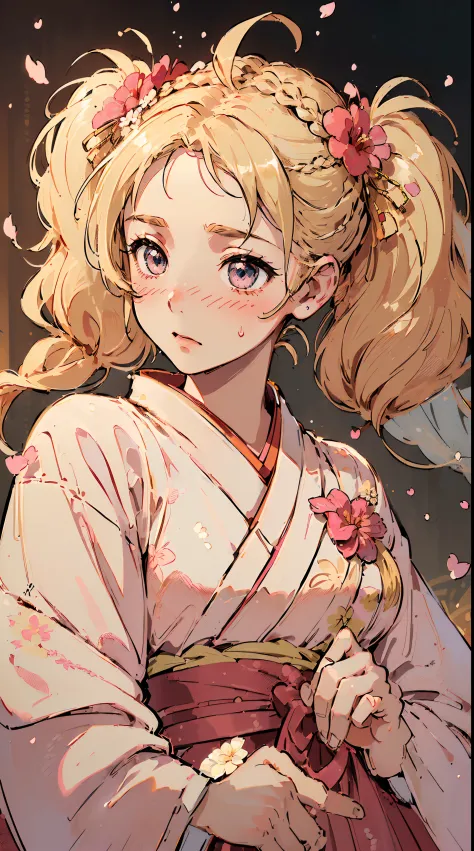 (((((((Blushing,cute cheeks,blonde hair，large wedding kimono with flower))))))，((1girl,Solo,Amazing,Cute Korean mixed-race girl，rosto magro,))(Masterpiece,Best quality, offcial art, Beautiful and aesthetic:1.2),((HD,Golden ratio,)) (16k),((sakura petals,sn...