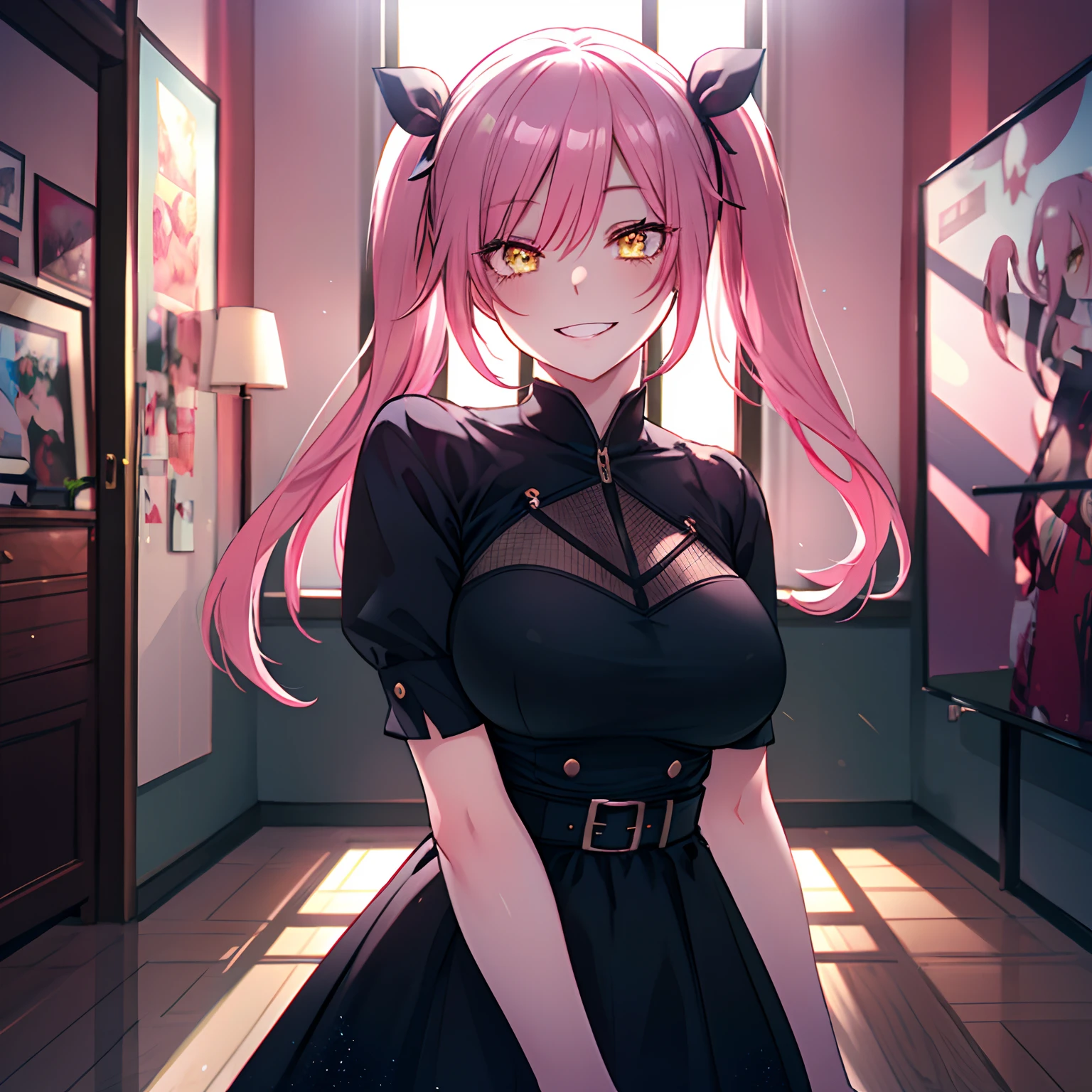 1girl, pink hair, twintails, long hair, medium breasts, yellow eyes, ultra detailed eyes, smile, big smile with teeth, happy expression, Black dress, focus on face, room, window, ultra detailed, 8K wallpaper, reflection light, ray tracing, realistic