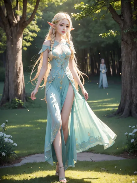 Graceful elven girl standing in meadow, Delicate face illuminated by the soft light of the setting sun. Her long, Flowing hair r...