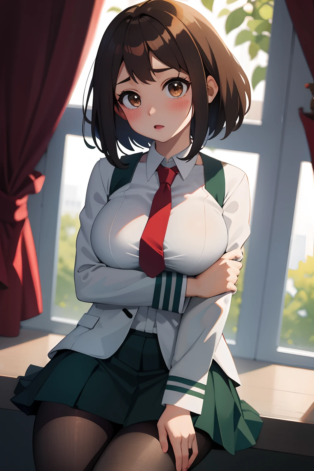 masterpiece, best quality, high contrast, professional photography, soft light, sharp focus, 1girl, hmochako, blush stickers, short hair, medium breasts. , green skirt, pleated skirt, red necktie, black pantyhose, white shirt, long sleeves, grey jacket,beautiful brown eyes, cleavage, big breasts, sweating, blushing, heavy breathing,
