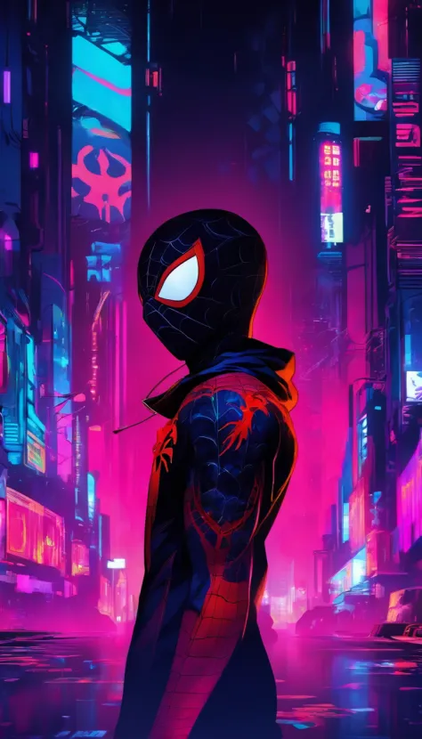 A version of miles morales spider-man in a cyberpunk dystopia, showcasing meticulous portraiture with the style of Tristan Eaton and Antony Gormley. The artwork is in 8K 3D, highlighting the metalworking mastery and the essence of Alex Maleev's style. The ...