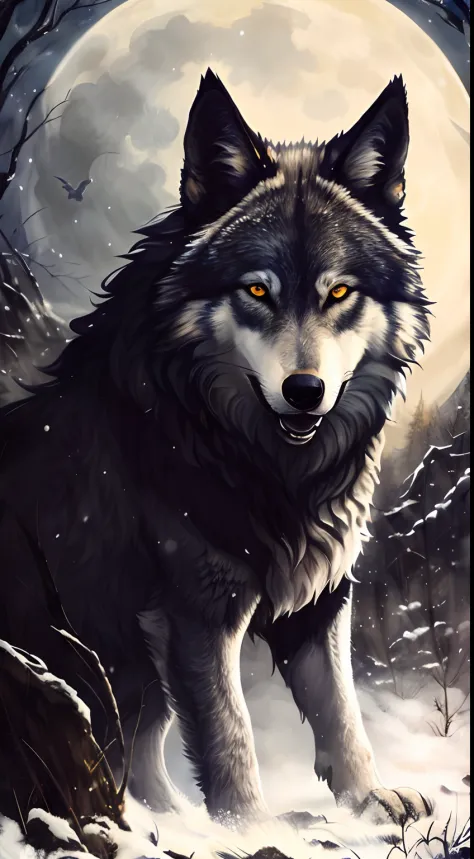pintura de um lobo na neve com uma lua cheia no fundo, lobo, grande lobo, lobo cinzento escuro, foto de lobo, Lobo Negro, lone wolf, Ele tem olhos de lobo amarelos, retrato do lobo, Angielobo, dire wolf, Grim - Lobo, retrato do lobo da fantasia, lobo pelud...