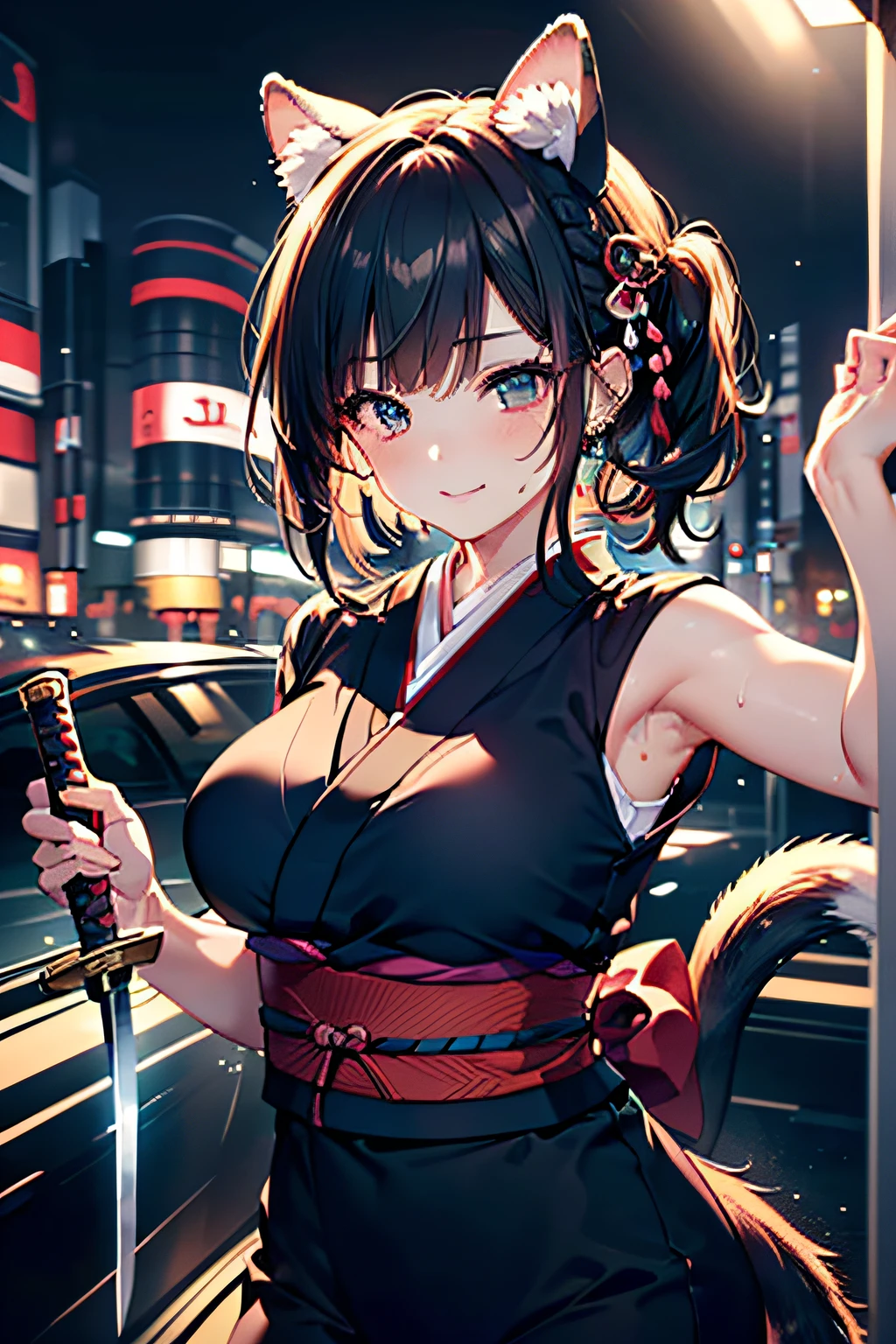 (((Animal ears,Animal tail,:1.7))),(((Female Ninja Cosplay:1,7))),(((Kunoichi armed with a Japan sword:1.7))),(((Enhance driving motion with motion blur effect:1.7))),(beautiful a girl),(((Night lighting:1.3))),breast slip,Blushing cheeks、shyly smile,bbw,(Short hair in shiny silver and orange inner colors,Floral hair ornament,Floral braided top knot,Twisted Side Part Ponytail,Floral braided headband,half up、Floral Braided Space Van,Voluminous Fishtail Braids,Twisted chignon,),(Bangs are see-through bangs),(((emphasizing breasts:1.3))),(Dynamic angles),(Dynamic and sexy poses),(bending forward:1.3),(((Dignified statue))),(((hair pin,a necklace,piercings))),Colossal ,Blush with embarrassment,Enraptured eyes,A smile that beguiles the viewer,skin glistening with sweat,gazing at viewer,Disturbance of clothing due to movement,pointed red mouth,Perfect round face,,Proper body proportion,Intricate details,Very delicate and beautiful hair,photos realistic,Dreamy,Professional Movie Lighting,realistic shadow,Solo Focus,Beautiful hands,Beautiful fingers,Detailed finger features,detailed clothes features,Detailed hair features,detailed facial features,(masutepiece,top-quality,Ultra-high resolution output image,) ,(The 8k quality,),(Sea Art 2 Mode.1),(Image Mode Ultra HD,)