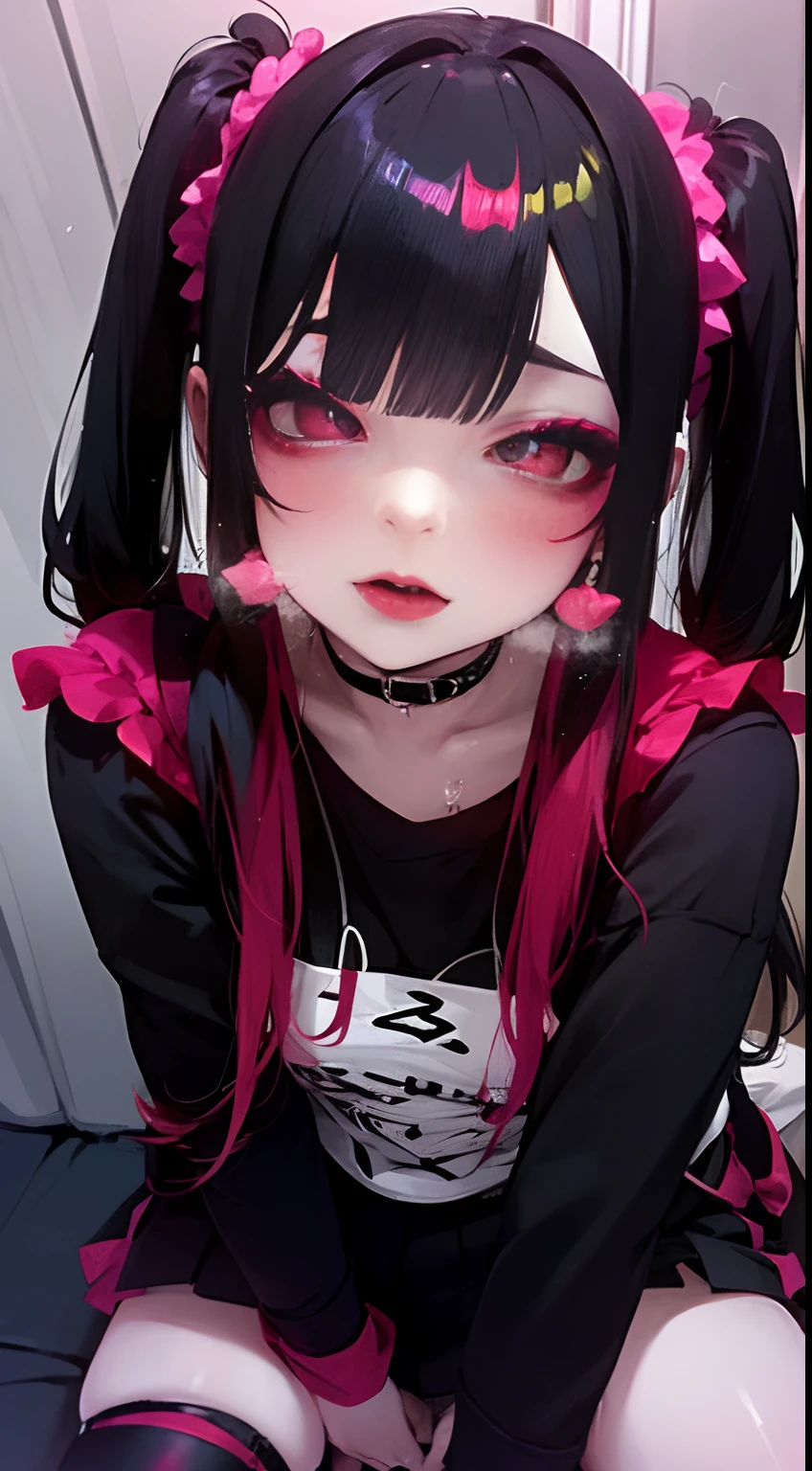 Anime girl with black hair and pink ears sitting on the floor - SeaArt AI