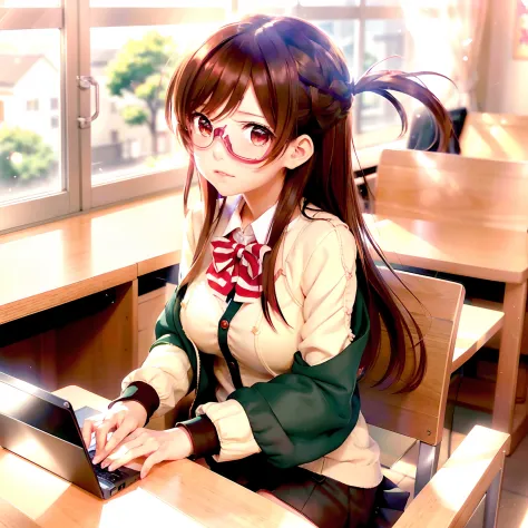 anime girl sitting at desk with book and laptop, beautiful anime high school girl, anime visuals of cute girls, anime moe art st...