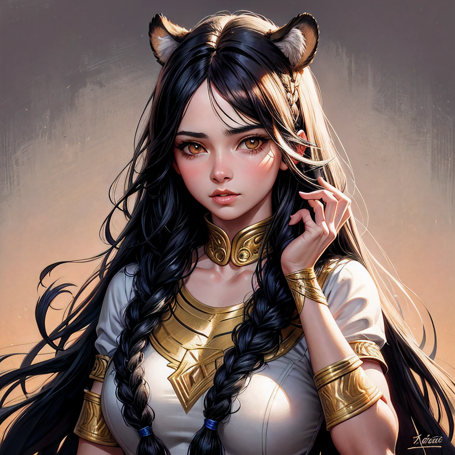  tigre, Long hair in a braid, tiger ears, striped fur, beautiful visuals, aesthetic, shadow effect, Glow tiger look, Glow Up, doradas, Ablaze, ((TIGER SKIN CLOTHING)), FOCUS ON THE PERFECT TIGER LOOK, Insanely detailed and intricate, highy detailed, ArtStation por WLOP, por artgerm, art by tom bagshaw, Atey Ghailan, Andrew Atroshenko, stanley Artgerm.