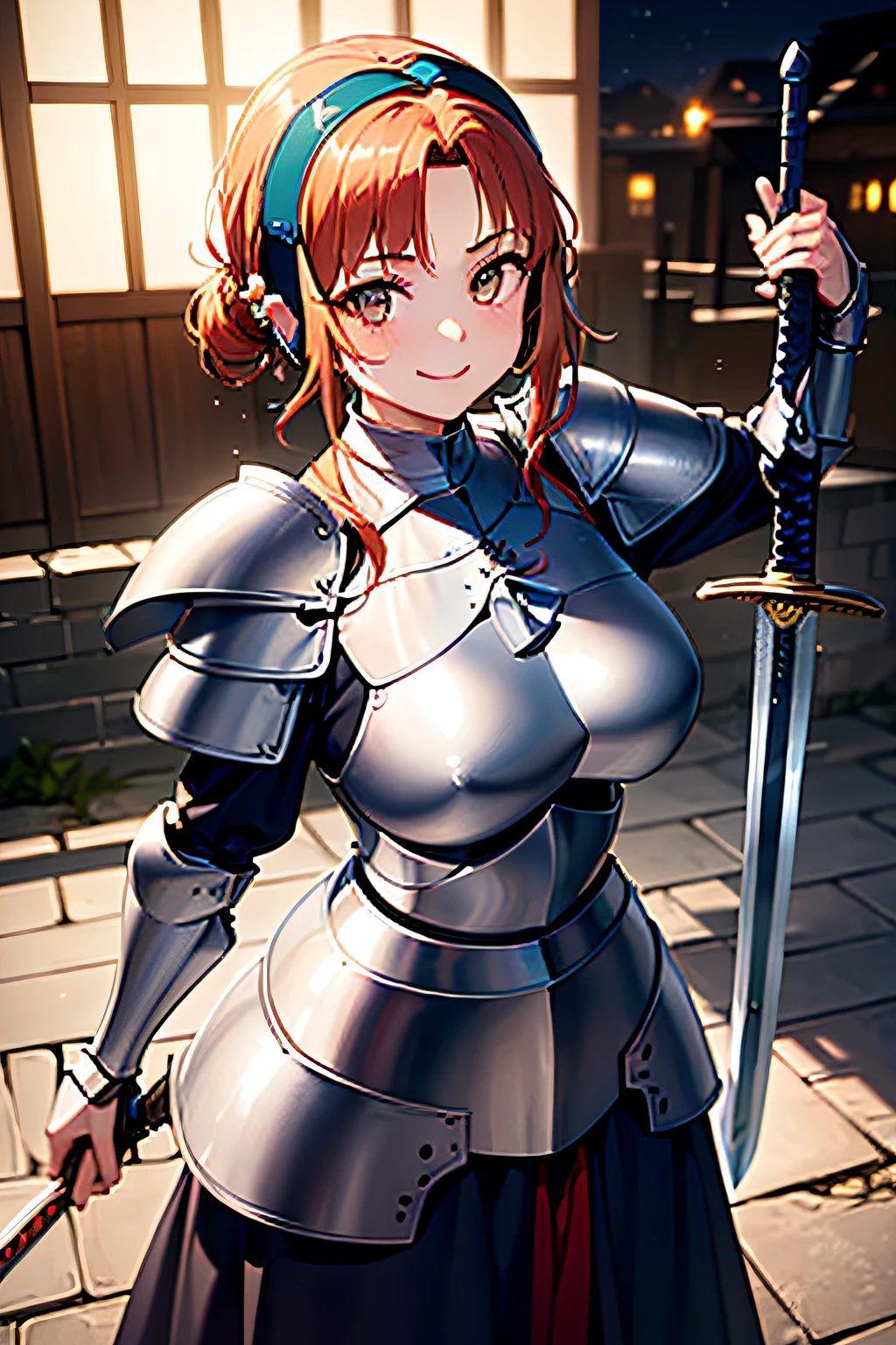 (((Armor and sword of Joan of Arc:1.7))),(((Ancient Western Landscapes:1,7))),(((Armed girl in ancient western style:1.7))),(((Enhance movement with motion blur effects:1.7))),(beautiful a girl),(((Night lighting:1.3))),pleatedskirt,breast slip,Blushing cheeks、shyly smile,bbw,(Short hair with shiny gold and silver inner color,Floral hair ornament,Floral braided top knot,Twisted Side Part Ponytail,Floral braided headband,half up、Floral Braided Space Van,Voluminous Fishtail Braids,Twisted chignon,),(Bangs are see-through bangs),(((emphasizing breasts:1.3))),(Dynamic angles),(Dynamic and sexy poses),(bending forward:1.3),(((Dignified statue))),(((hair pin,a necklace,piercings))),Colossal ,Blush with embarrassment,Enraptured eyes,A smile that beguiles the viewer,skin glistening with sweat,gazing at viewer,Disturbance of clothing due to movement,pointed red mouth,Perfect round face,,Proper body proportion,Intricate details,Very delicate and beautiful hair,photos realistic,Dreamy,Professional Movie Lighting,realistic shadow,Solo Focus,Beautiful hands,Beautiful fingers,Detailed finger features,detailed clothes features,Detailed hair features,detailed facial features,(masutepiece,top-quality,Ultra-high resolution output image,) ,(The 8k quality,),(Sea Art 2 Mode.1),(Image Mode Ultra HD,)