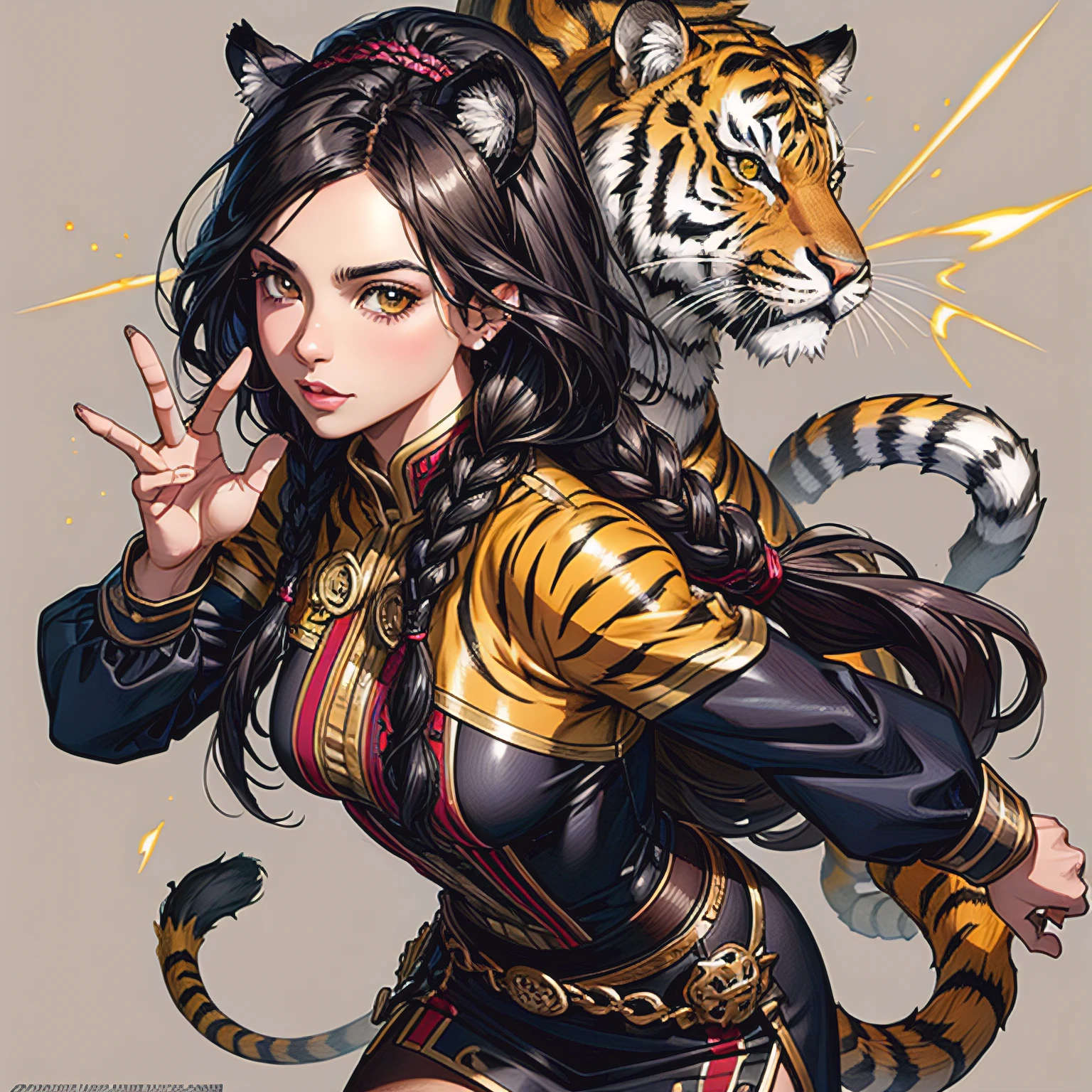 menina tigre, Long hair in a braid, orelhas de tigre, pelo listrado, visuais bonitos, aesthetic, efeito de sombra, olhar de tigre Brilho, brilhar, dourado, brilhante, ((traje ROUPA DE PELE DE TIGRE)), FOCO NO OLHAR PERFEITO DE TIGRE preto, Insanamente detalhado e intrincado, altamente detalhado, ArtStation por WLOP, por artgerm, arte por Tom Bagshaw, Atey Ghailan, Andrew Atroshenko, Stanley Artgerm.