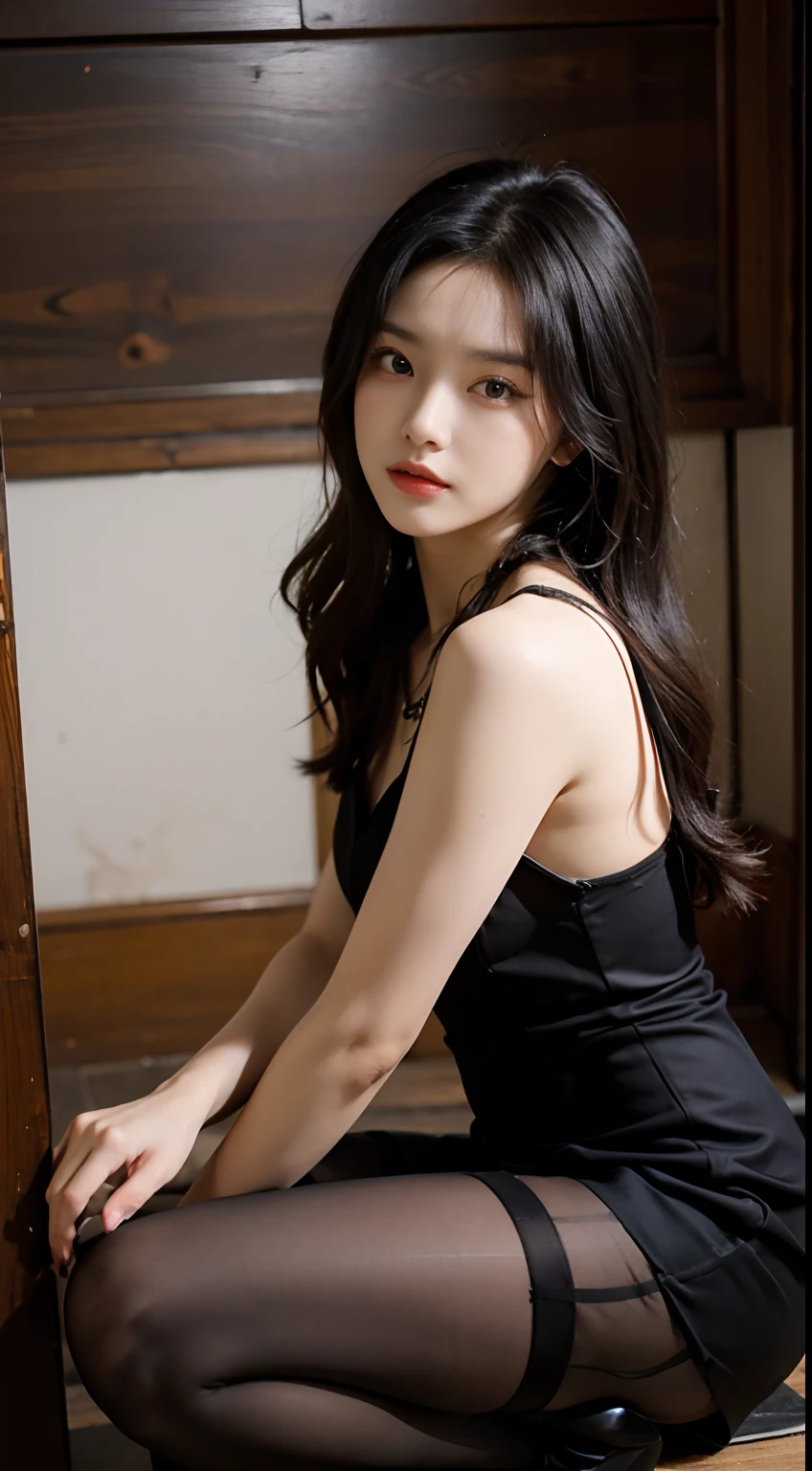 (8K,tmasterpiece,RAW photos,best qualtiy,the detail:1.2),Korean female model，Height 175 cm，perfect bodies，Long legs，wavy and long hair，Arad woman in black dress and high heels poses on wooden stairs, wearing a tight black dress, full-body xianxia, spellbinding，spellbinding, gorgeous chinese models, stunning elegant pose, Wearing a black dress, Dressed in black, elegant seducing pose, she wears a black dress, Chinese girl, succubus in tight kilt,Thin stockings, tightly dress，Silk dress，Lace-up dress，see through dresses，((Pantyhose)),Ray tracing