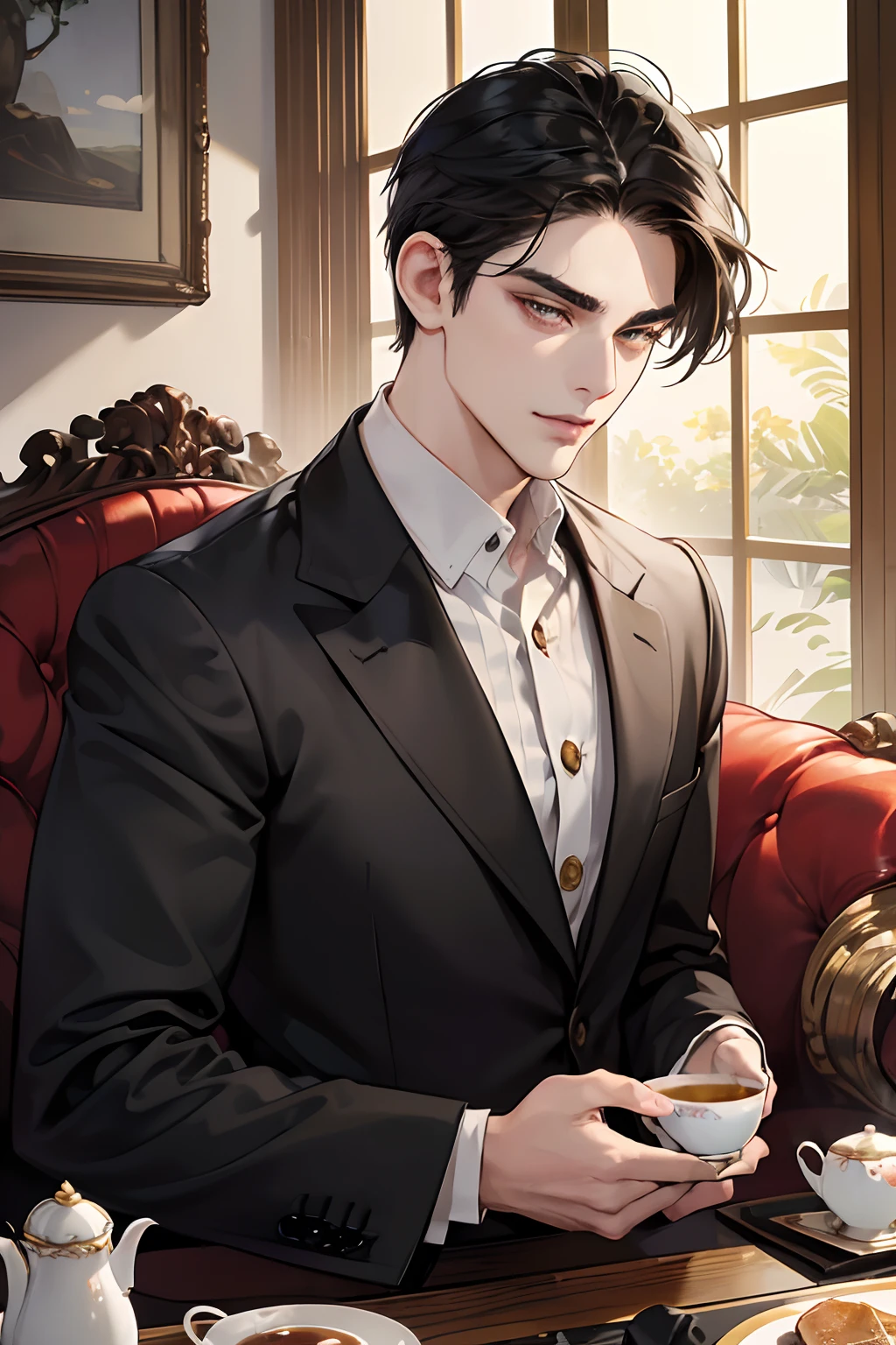 Anime guy in a suit sitting at a table with a cup of coffee - SeaArt AI