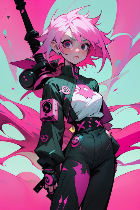 anime girl with pink hair and black eyes holding a bat, rossdraws cartoon vibrant, cyberpunk art style, digital cyberpunk anime ...