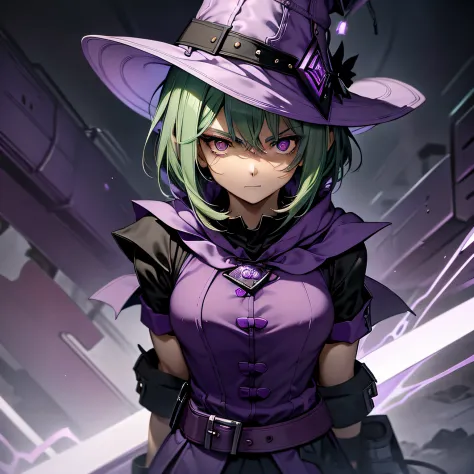 top-quality、extremely delicate and beautiful、(A teenage girl)、Purple Eye、Green hair、short-haired、(purple witch hat)、Purple tie、T...