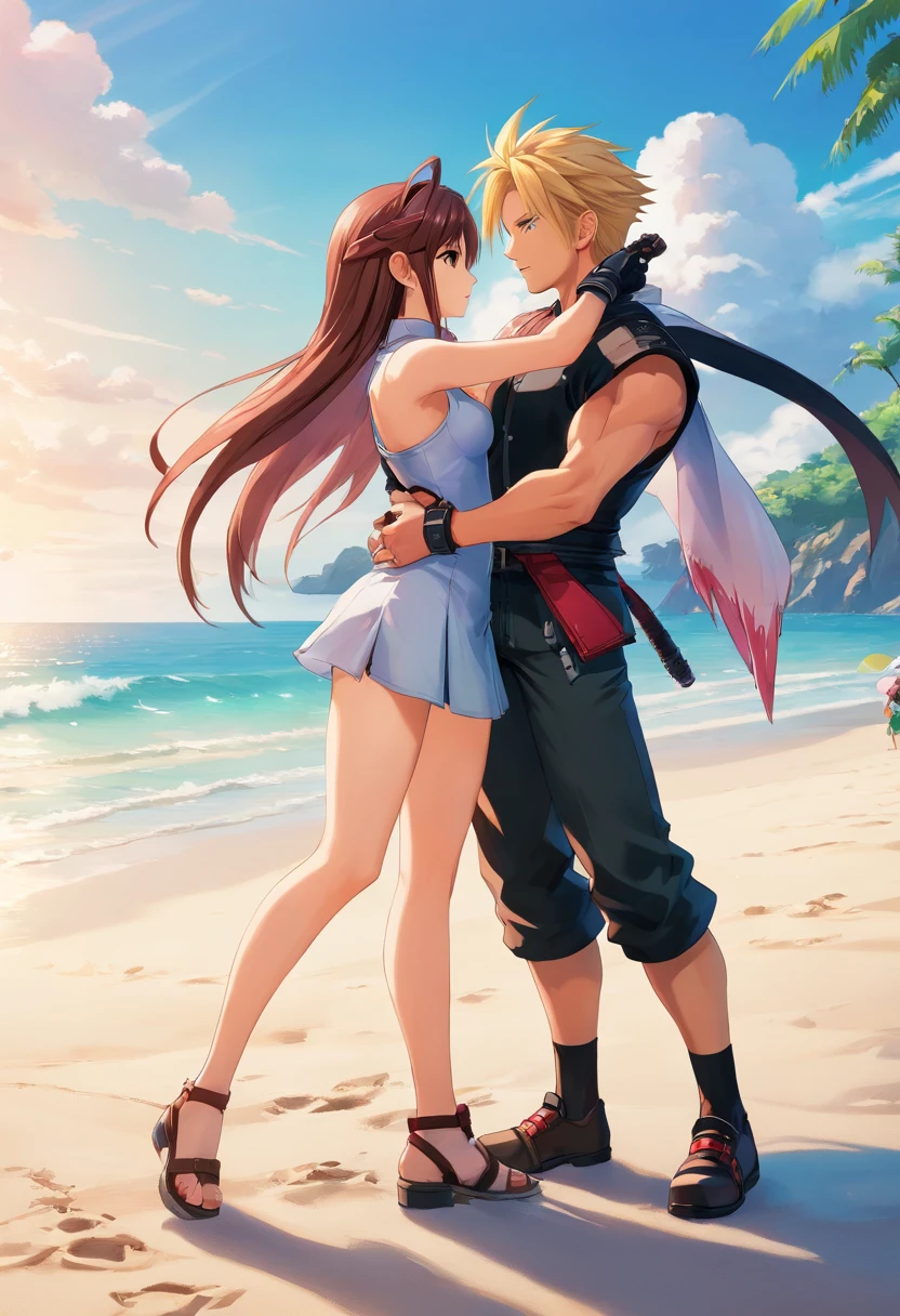 A couple of anime characters hugging on the beach - SeaArt AI