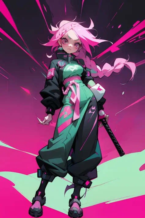 anime girl with pink hair and black eyes holding a bat, braided long hair, rossdraws cartoon vibrant, cyberpunk art style, digit...