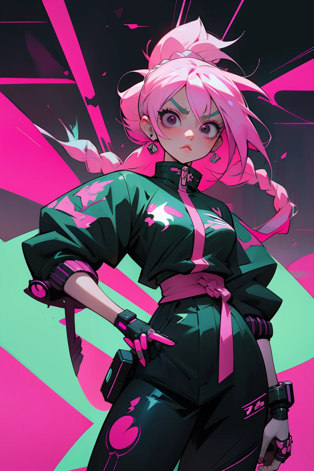 anime girl with pink hair and black eyes holding a bat, braided long hair, rossdraws cartoon vibrant, cyberpunk art style, digital cyberpunk anime art, anime cyberpunk art, anime style 4 k, :: rossdraws, cyberpunk artstyle, cyberpunk anime art, demon slayer artstyle, neonpunk, demon slayer rui fanart, cyberpunk anime girl, anime styled digital art, female cyberpunk anime girl