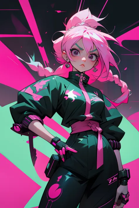 anime girl with pink hair and black eyes holding a bat, braided long hair, rossdraws cartoon vibrant, cyberpunk art style, digit...