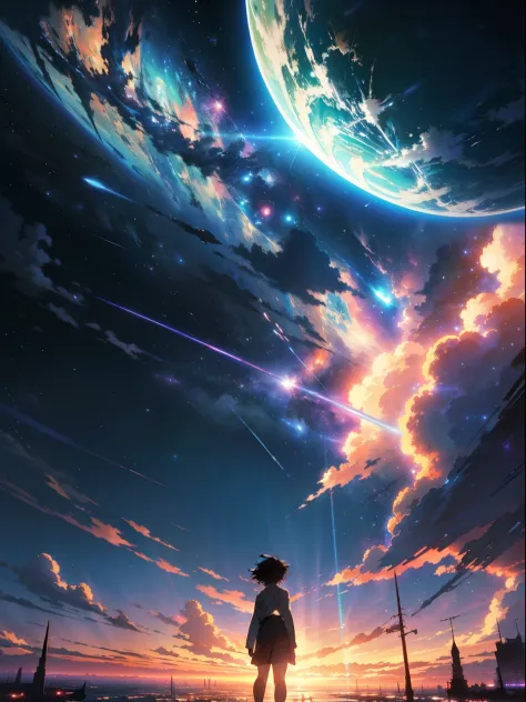 Anime - Style scenes of beautiful skies with stars and planets., Cosmic Sky. By Makoto Shinkai, anime art wallpaper 4k, anime ar...