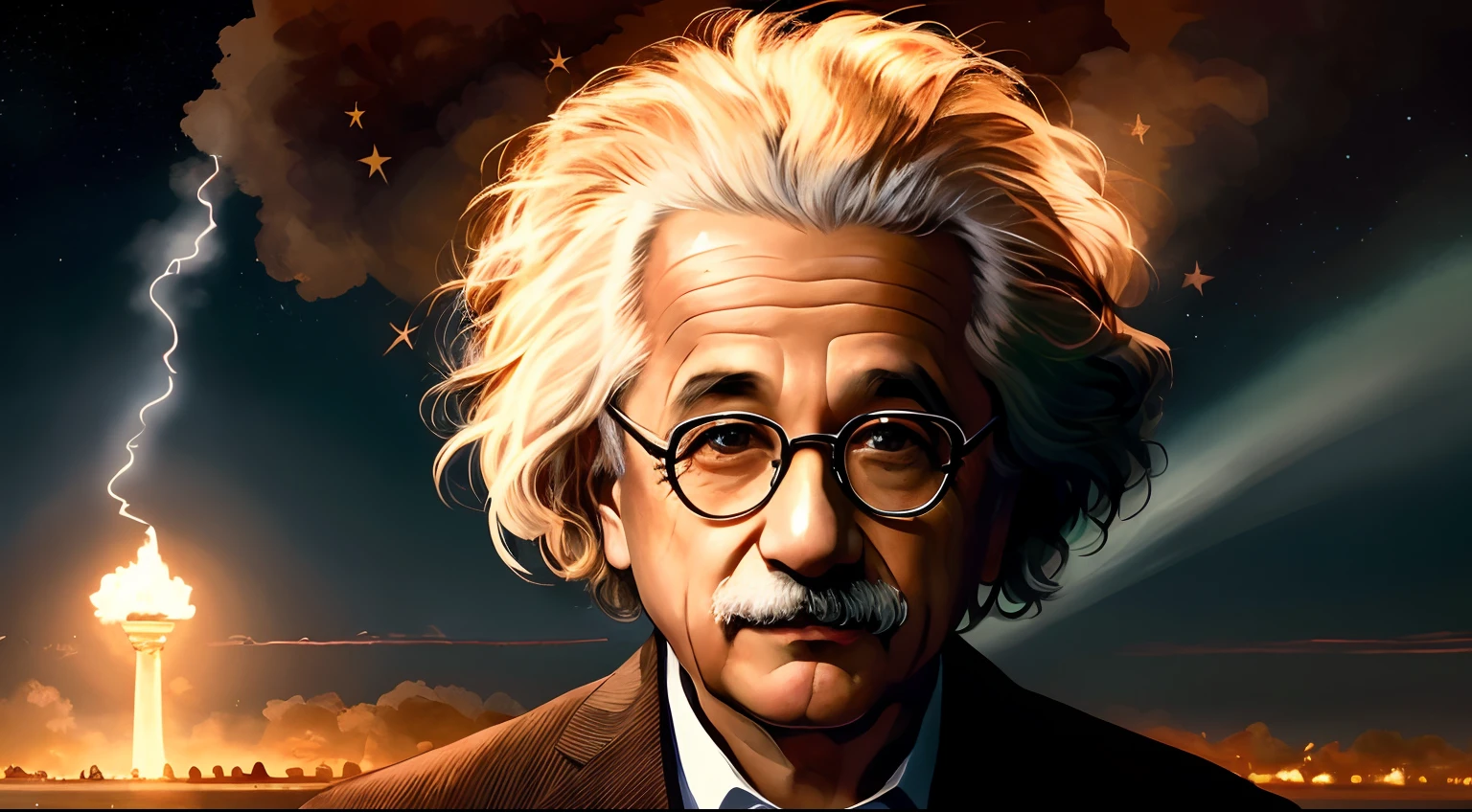 Alberta man with lightning in background, Portrait d’Albert einstein, Albert einstein, Portrait d’einstein, einstein, amazing wallpaper, genius, par Edwin Georgi, portrait pris, intelligent man, Illustration de portrait épique, by Bernardino Mei, by Galen Dara, Ludwik Konarzewski, p., fan art, par Zahari Zograf