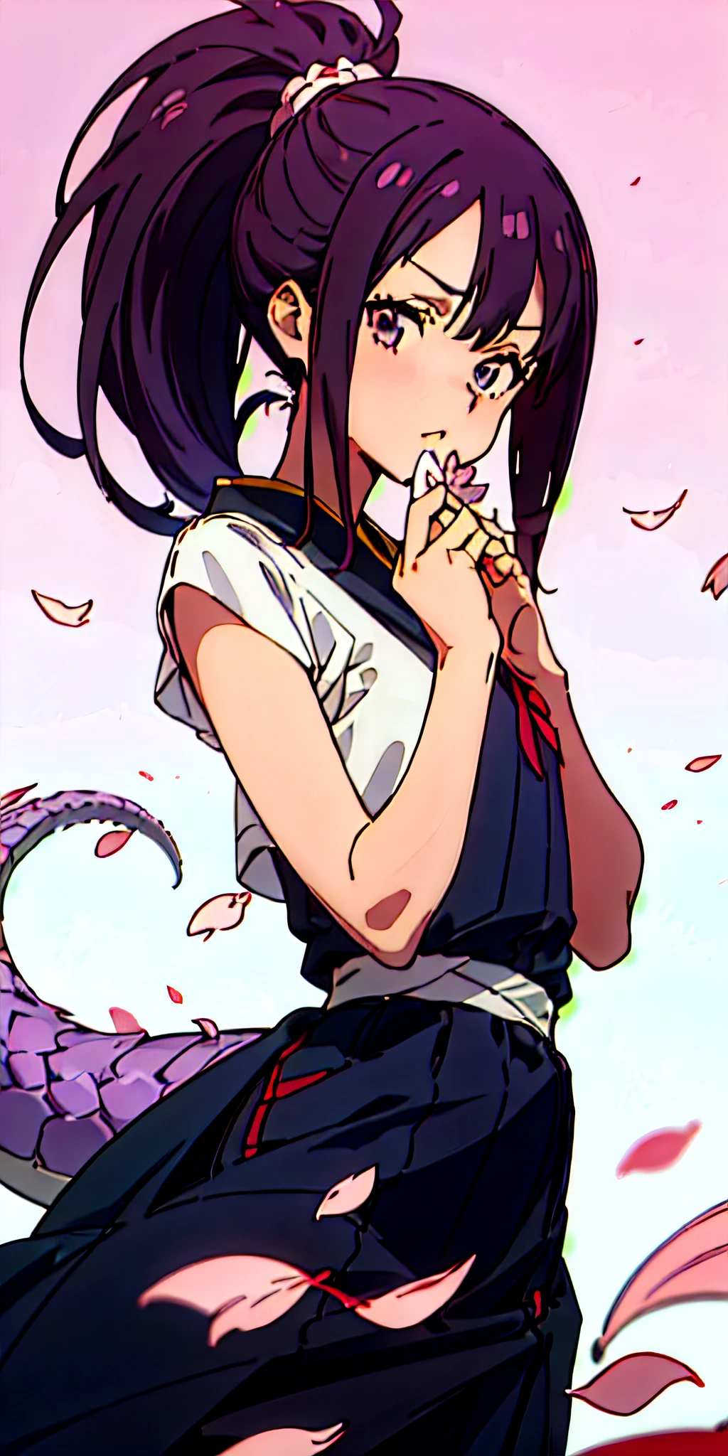 Anime girl with purple hair and a dragon tail eating a piece of food -  SeaArt AI