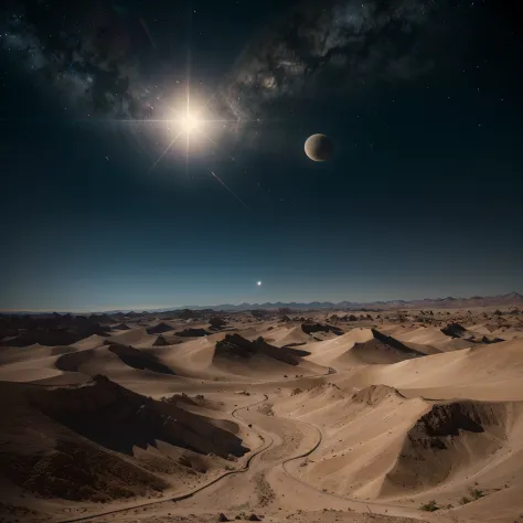 8k masterpiece, ((scene with daylight)), ((soft light)) it is daytime on a totally desert planet and we see the sky with two moons and full of large spaceships with complex structures, celestial landscape, stars and nebulae