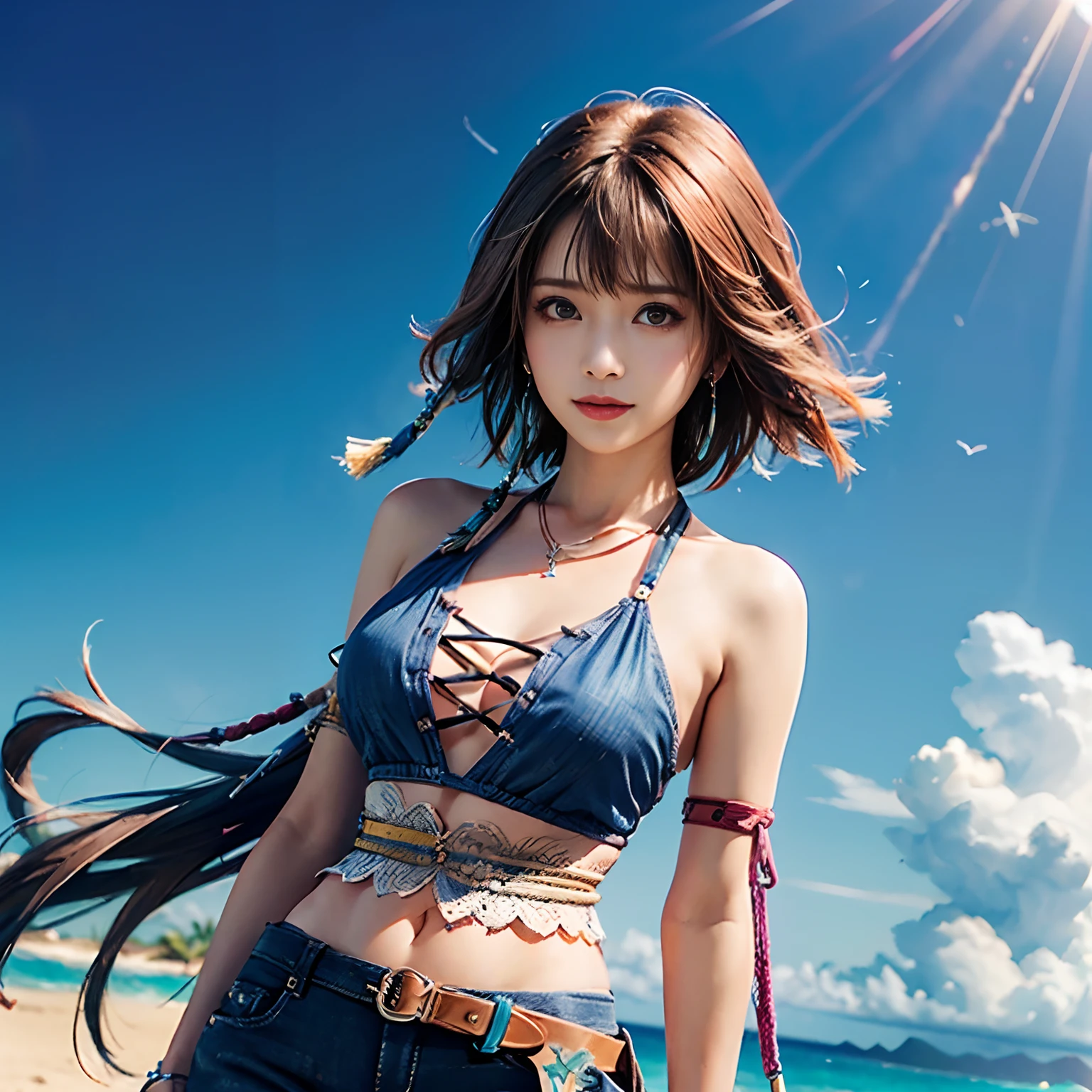 4K,1、Denim Bikini、masutepiece, hight resolution, ultra-detailliert), 1 female, 28 years old, Final Fantasy Yuna x2, More mature, ((Simple background)), Plain dark background, ((There is nothing in the background)), hyper realisitic, Yuna's Final Fantasy Costume, Yuna's original costume design in Final Fantasy X2, (((nffsw://www.Creative Uncut.。.。.com/Gallery-01/FF10 - 2 - Yuna 2...html))), Tattered Exposed Denim Shorts, Features of asymmetrical clothing, Belt on the left hip, Simulation of the best clothes, No collar, 1womanl, Windy nights, Yuna's Bob Hairstyle, busty, cleavage, middle_Breast, thicc body, Smile, Lack of hanging sleeves,, up close shot, full frontal shot, zoomed in shots, Visit HIPS Imagescope, Smile with closed mouth, head to waist, Characters looking at the camera, looking at you, YunaFFX, blue-beaded earring