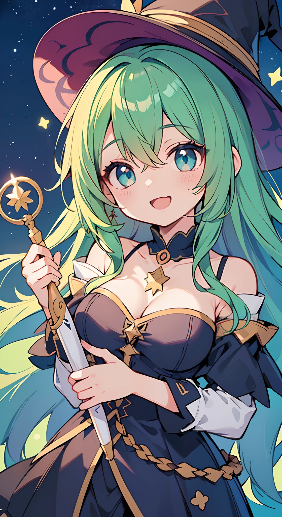 ((Pretty witch with green hair and blue eyes))、witch hat、magic wand、Loli face、((master piece、top-quality、ultra-definition、high resolution))、anime girl、((ultra-detailed illust:1.2))、only one person、bangs、hair between eye、beautiful hair、Beautiful eyes、Medium breasts、Big smile、opened mouth、stars