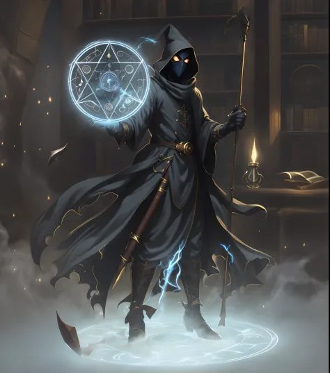 good male clockwork soul sorcerer a close up of a masked good well being dark grey time wizard hold a great bulky thick staff and a gold circle magic, portrait of a mage, an arcane wizard casting a spell, fantasy mage, dark cloaked mage, , shadow mage male...