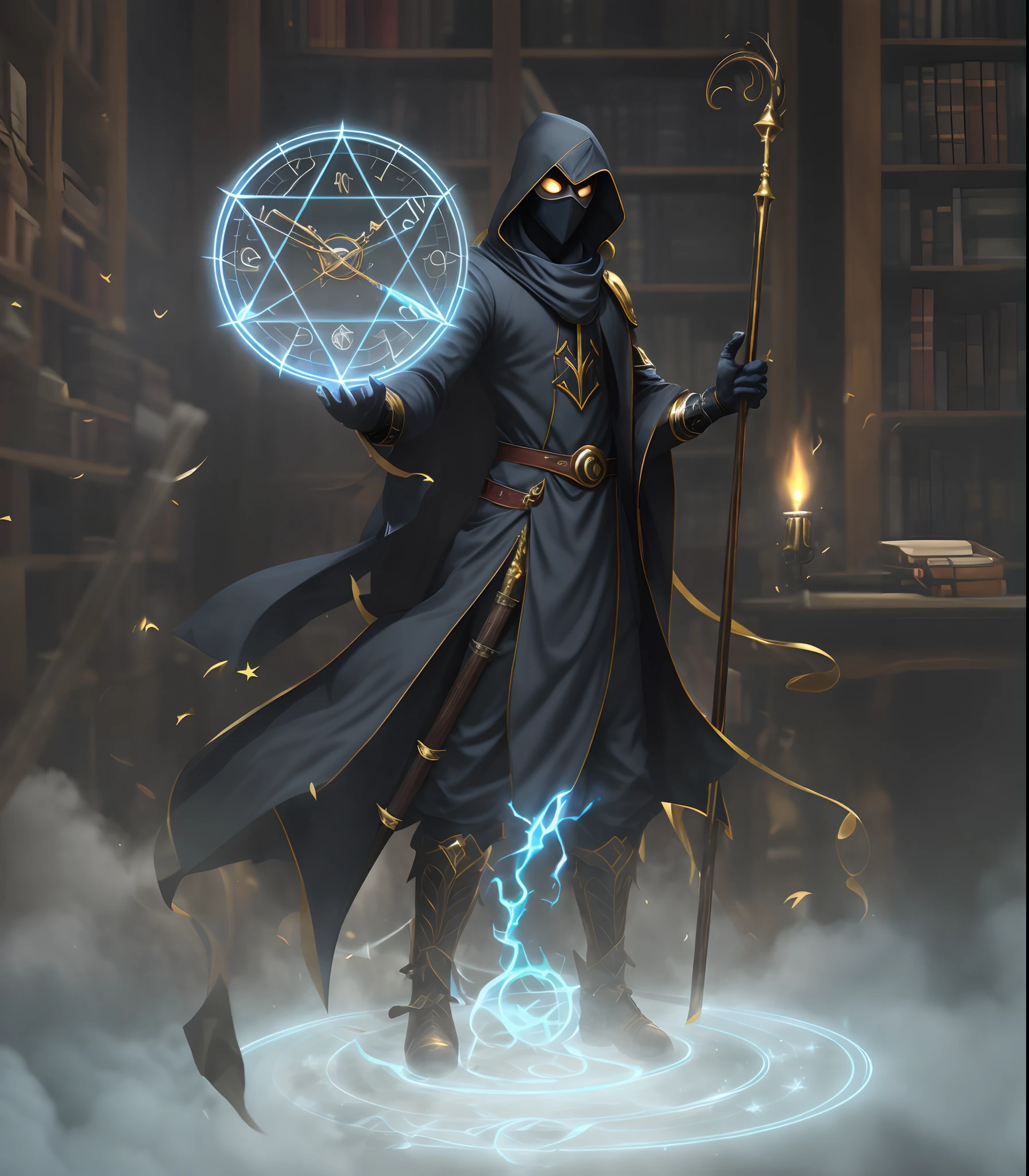 A man in a black robe holding a staff and a blue orb - SeaArt AI