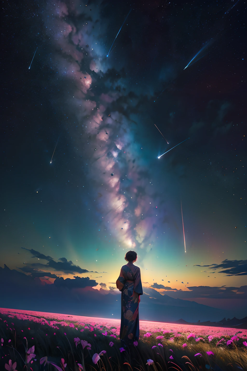 Girl standing looking up into the stars, clouds floating around her, brilliant colors, amazing swirls of cosmic dust, colorful vibrant, light particles, water color painting, splash art, (zoom out:1.1), (meteor shower:1.2), (comet:1.1), low-up angle, from behind, aroura borealis, shooting star, yukata, red kimono , cherry blossoms, Standing in a field, best quality, masterpiece, cloud, colorful, starry, stars, --self