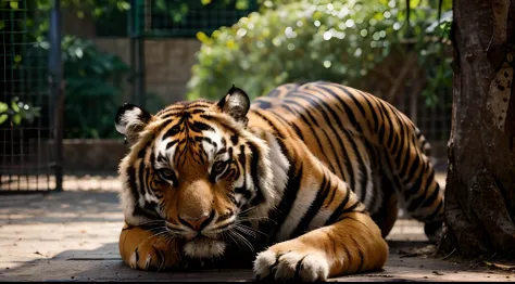 a hyper realistic photography of a tiger in a zoo in Melbourne, Australia, no people, Nikon D850 DSLR 4k camera, 100mm lens, F 1.2 aperture setting, bright and natural lighting, vibrant, fun and relaxing atmosphere