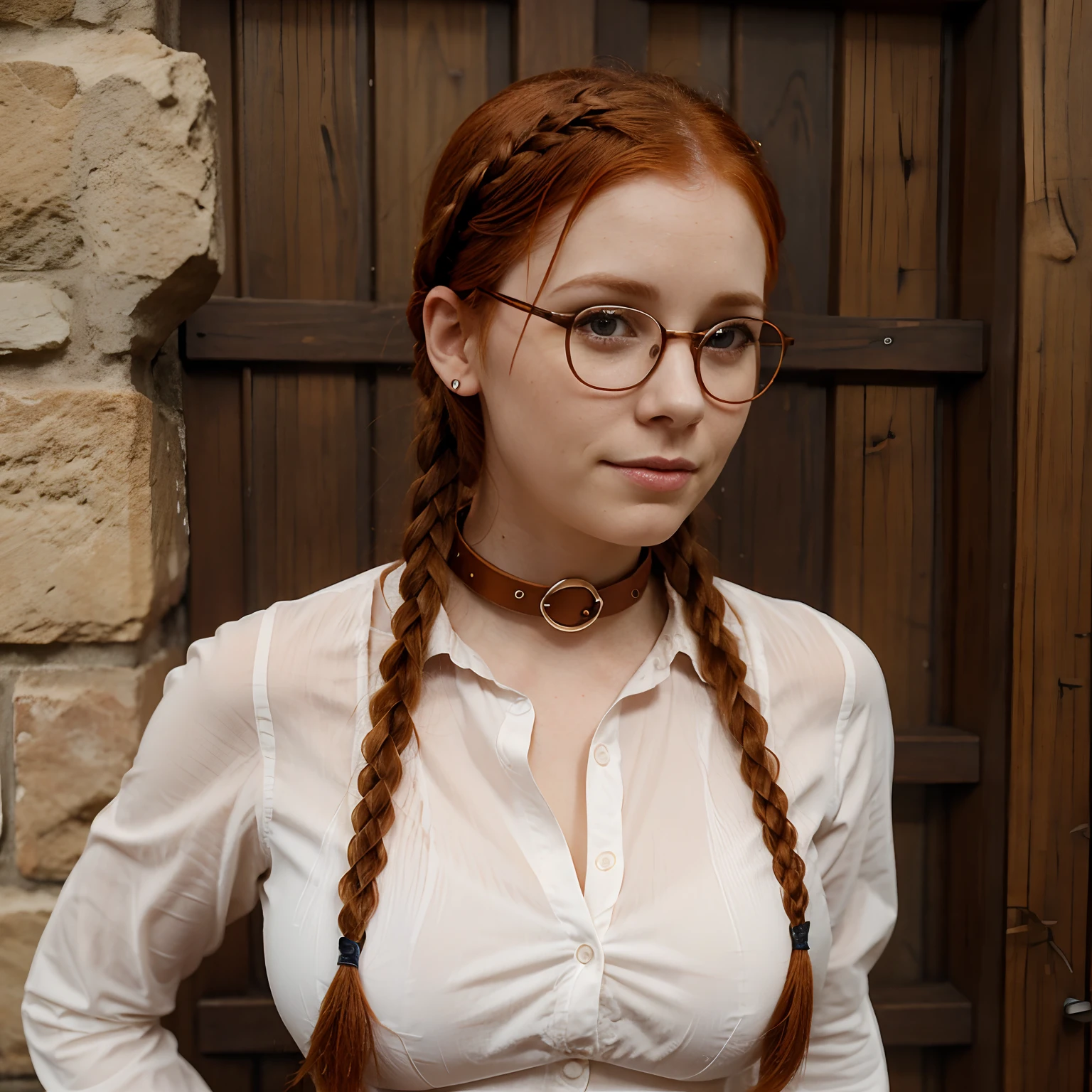 There is a woman with long red hair and glasses posing for a picture -  SeaArt AI