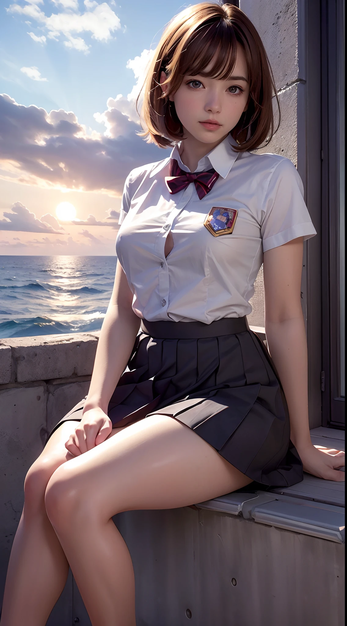(Best quality, high resolution, Masterpiece :1.3), one pretty woman,
Against the background of orange sunset sky，Clouds and the sun sink into the sea, Sitting in a  was a beautiful high school girl. Her hair is light brown, It is medium Bob style. She wore a white shirt and pleated skirt as part of her uniform. She sat with her legs apart, Her eyes were glued to the camera. Create this scene from a low-angle shot.