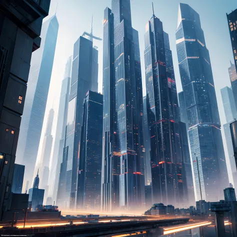 Futuristic skyline with skyscrapers，cyberpunked，超A high resolution，planet earth，​masterpiece，60 times the height of the building，Megacities，kosmos、25th century，Glass skyscraper，ＳＦart by，A world far beyond the imagination of mankind，dream，