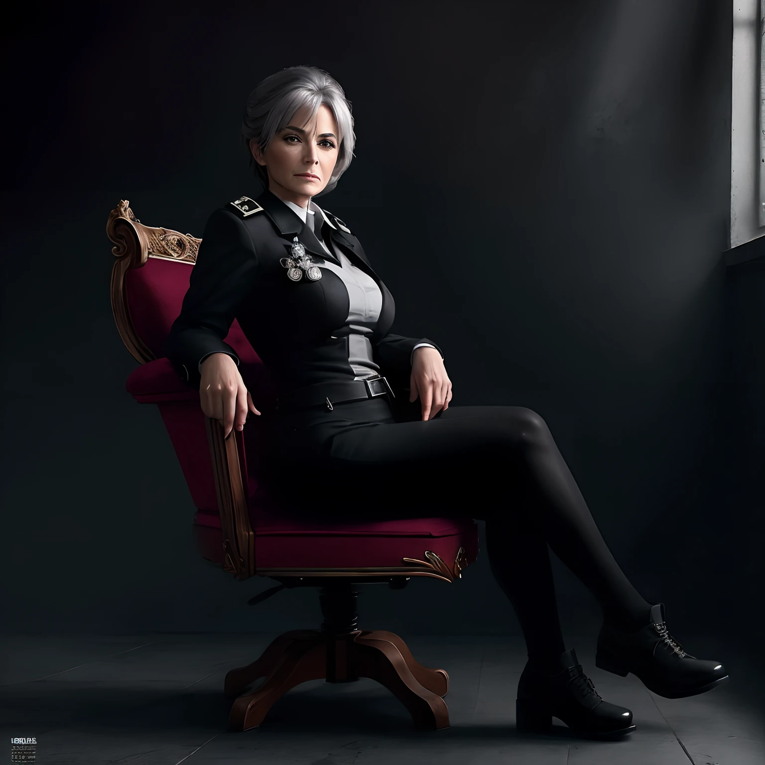 검은 황실 제복을 입은 60세 여성. 흰머리, 엄격한 표정. 호화로운 왕좌에 앉아