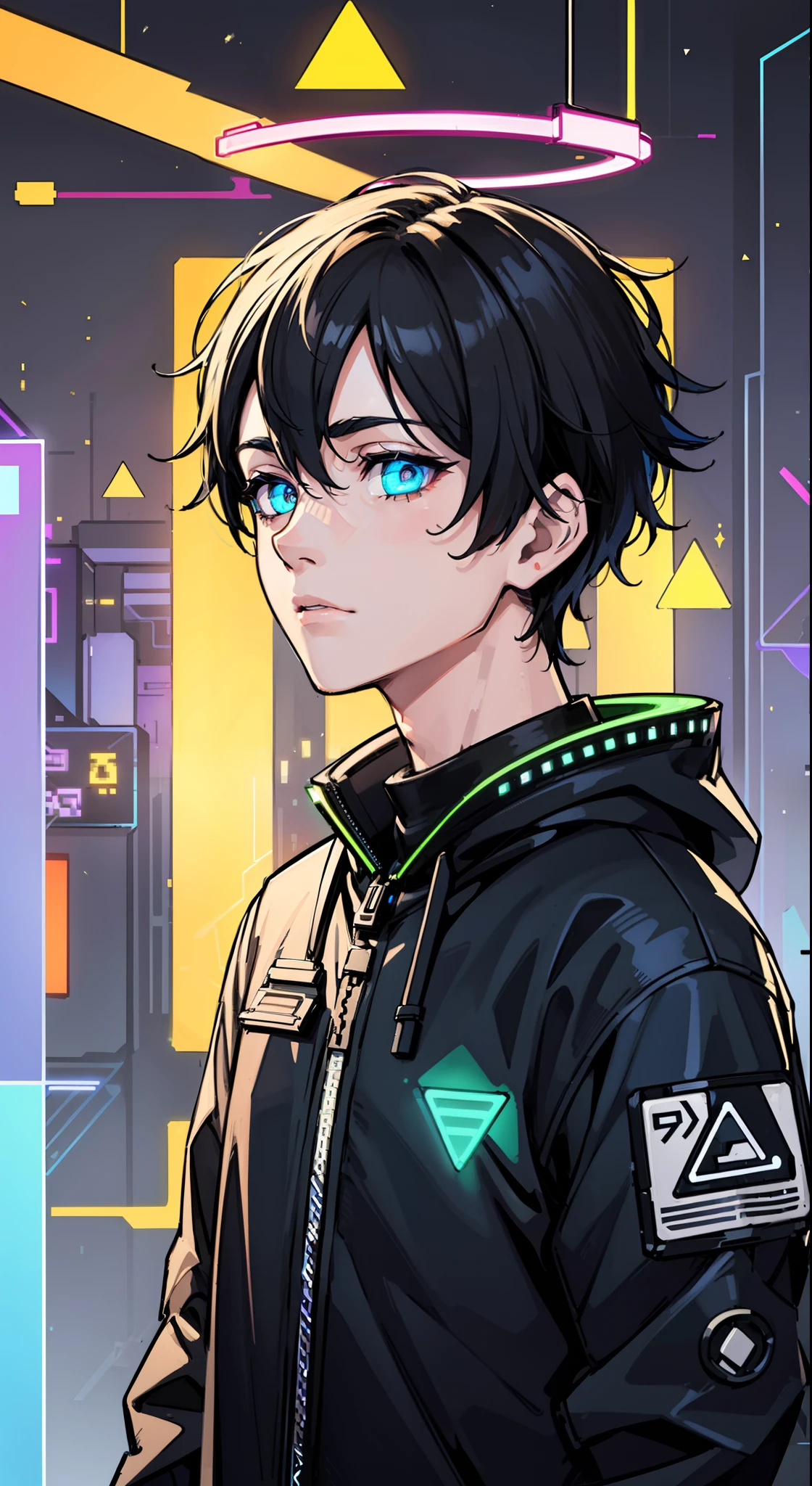 ((1boy)), (very short hair), bust chart, beautiful detailed eyes, (glitch background),(broken glass), (digital data flow pixel halo:1.1), (fluorescent graffiti :1.1),(neon light:1.1), (glowstick:1.1), (floating triangle fragments:1.1), blacklight,