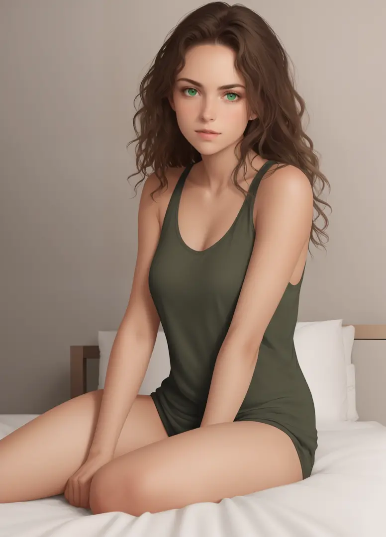 Realistic headshot angled slightly upwards of a girl with tan skin, green eyes, skinny body, black tank-top, small chest, and wi...