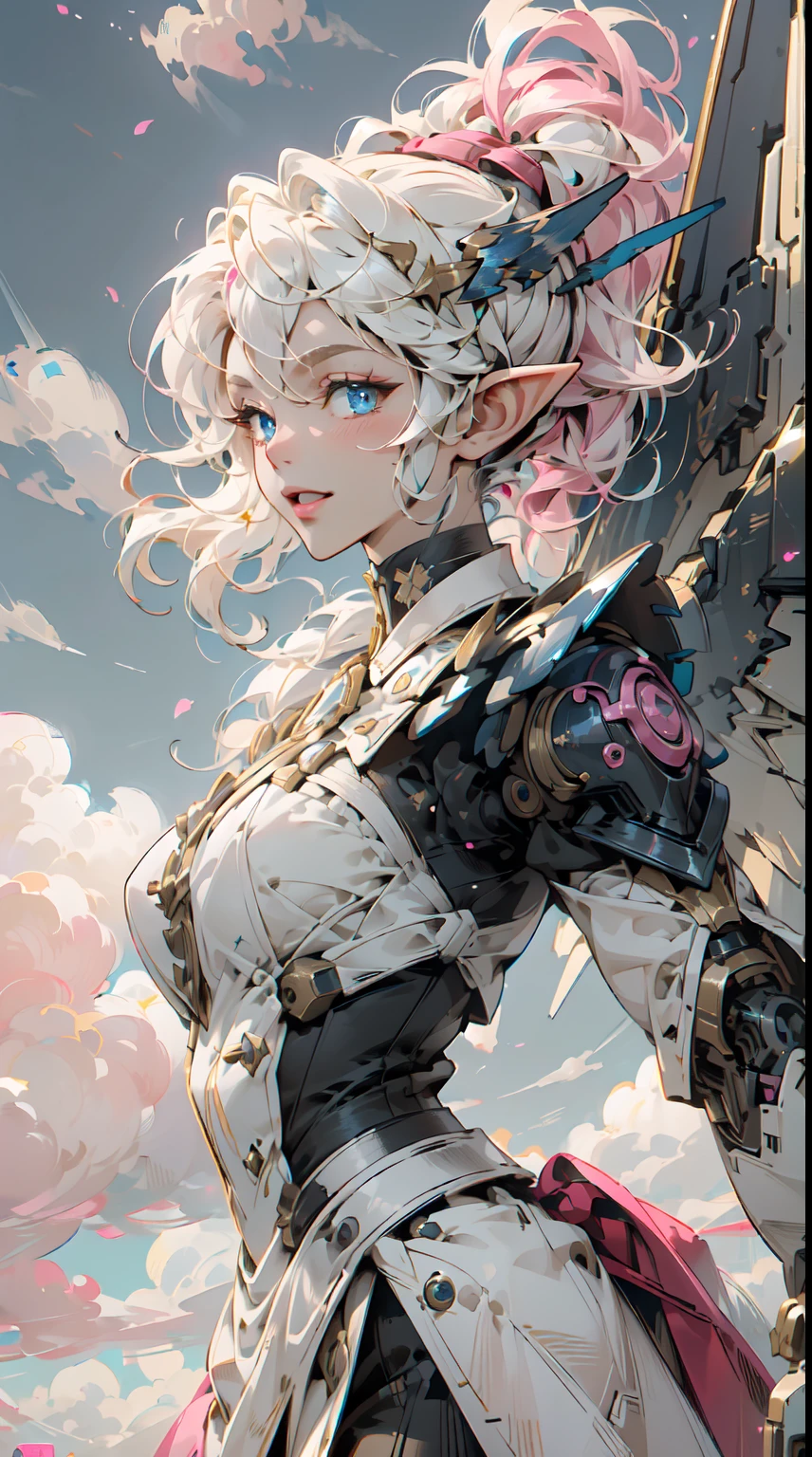 (Masterpiece, Best Quality, great, Highly detailed ajectar Unity、8k wallpaper, Depth-of-field, super fine-illustration:1.5)、3D, Extremely detailed, (Victorian maid armored、a mech elf girl:1.3), sci-fi battlefield, hawken, Smile, Open mouth, short ponytail hair, (white blonde hair, Deep Blue Eyes:1.2), Sparkling eyes, Cute face, ((highly detailed face and eyes: 1.1)), kawaii, Large breasts, delicate hair, disheveled hair, (((Flying high in the sky)))、(Blue sky, white clouds), Shiny hair, shiny skin, (Symmetrical mechanical wing、Metallic colored mechanical wings that are widely expanded to the left and right so that they protrude greatly from the screen, headgear, white hair ornament), (Particles of light, Cinematic lighting: 1.3), (Thin pink lips: 0.8), by Yusuke Murata