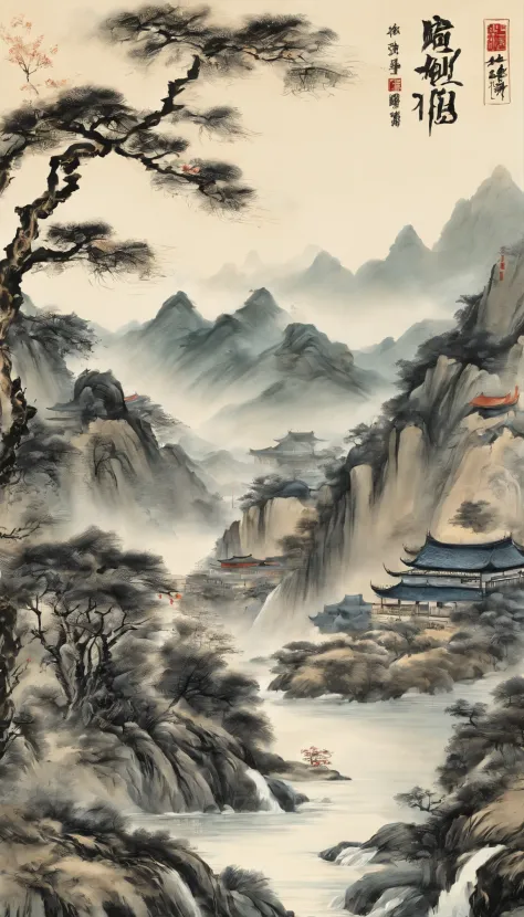 A mountain painting with a river and a village, Chinese painting style, inspired by Huang Binhong, Traditional Chinese Ink Painting, Chinese ink painting, Traditional Chinese painting, Traditional Chinese art, inspired by Zhang Shunzi, Chinese landscape, C...