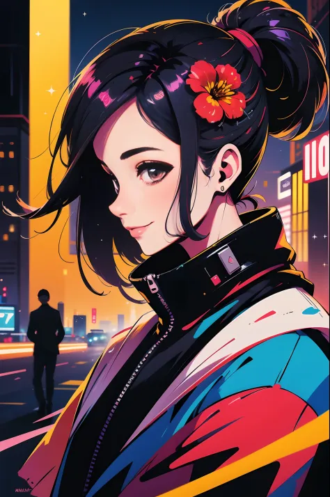 mulher de cabelos pretos estilo cyberpunk, cidade de fundo de noite, low ponytail, hair flower, dashed eyes, nervous smile, Acti...