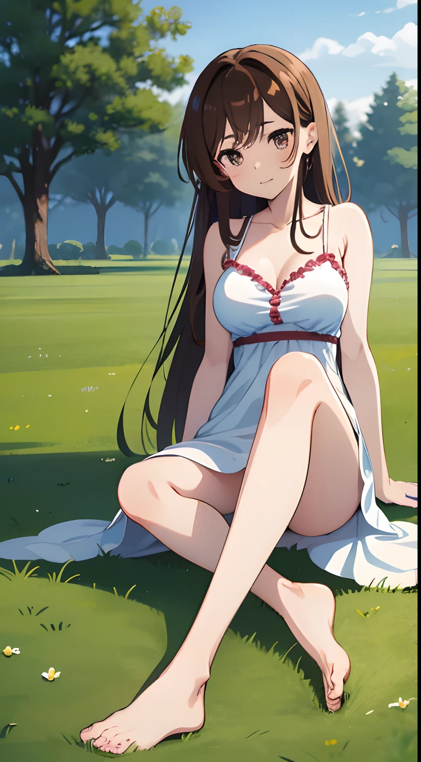 Anime girl sitting on grass with long brown hair - SeaArt AI