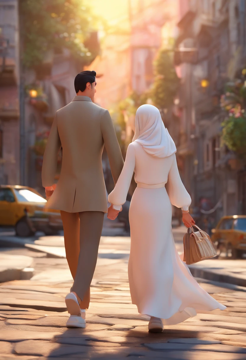 Disney pixar poster, couple of a hijab girl wearing white long dress and soft brown hijab and soft pink hight heels on her feet, with a black hair boy wearing white long shirt and long cream pants and white sneakers, holding hands,walking across the road on zebra cross in a heritage city, they are laughing together, 3D animations，Pixar， (best quality)(8k)