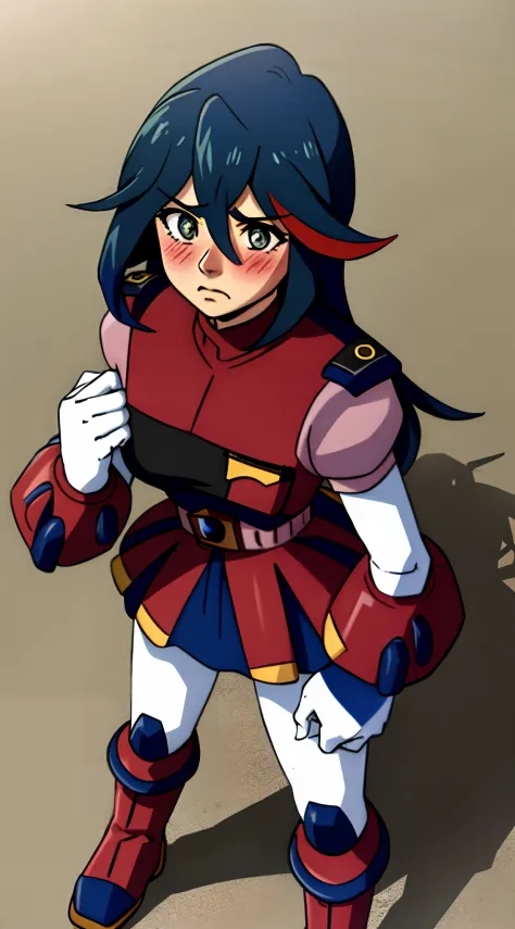 (best quality,ultra-detailed,realistic),Ryuko Matoi caught wearing a military uniform, flustered and trying to hide her face, detailed eyes and face, long eyelashes, disheveled hair, intense blush, military-style outfit, camouflage pattern, high-quality fa...