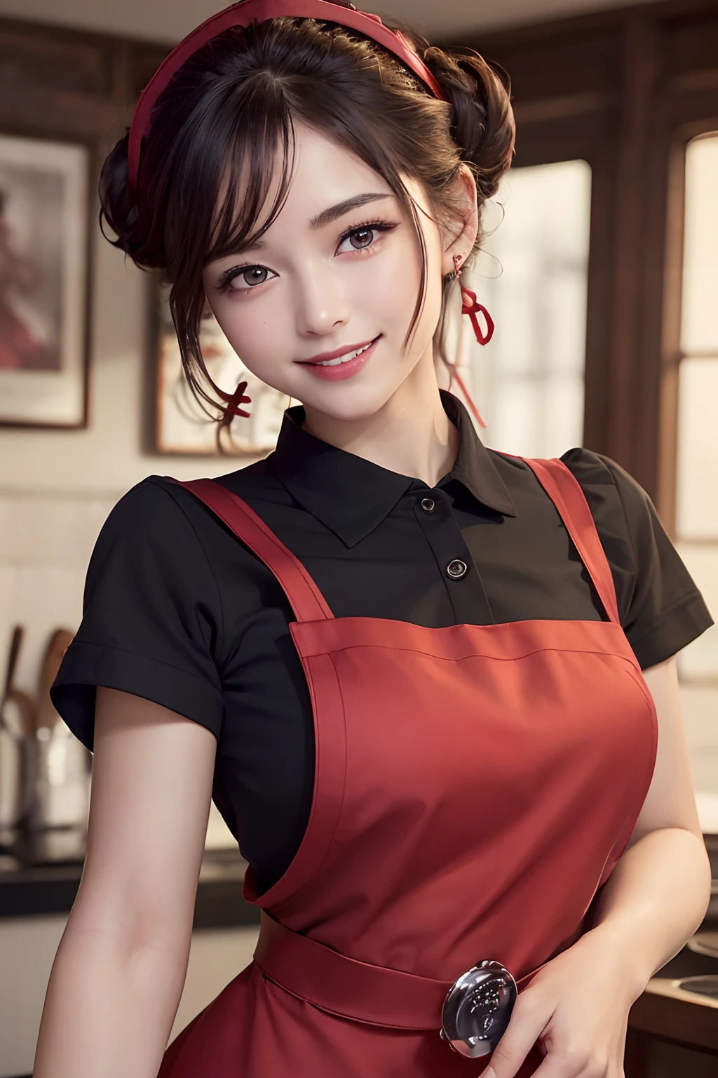 ((best quality, 8K, masterpiece)), ultra detailed, sharp focus, 1 beautiful woman, ((red apron:1.4)), (updo:1.4), (simple collared shirts:1.4), highly detailed face and skin texture, ((detailed eyes)), ((beautiful black eyes:1.2)), (smile:1.15), (closed mouth), (cafe)